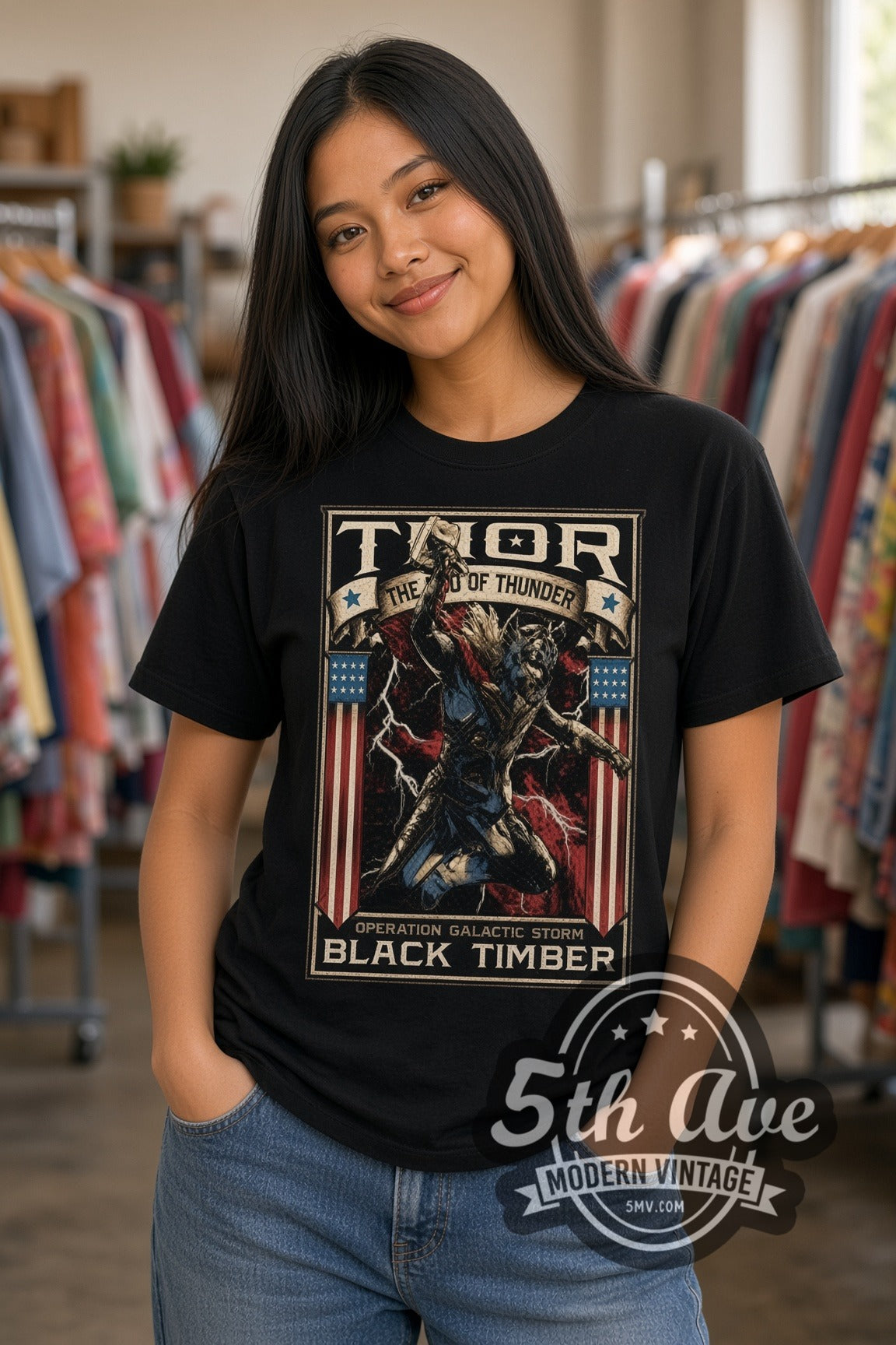 Woman wearing Thor God of Thunder Operation Galactic Storm Frame double stitched black graphic tee