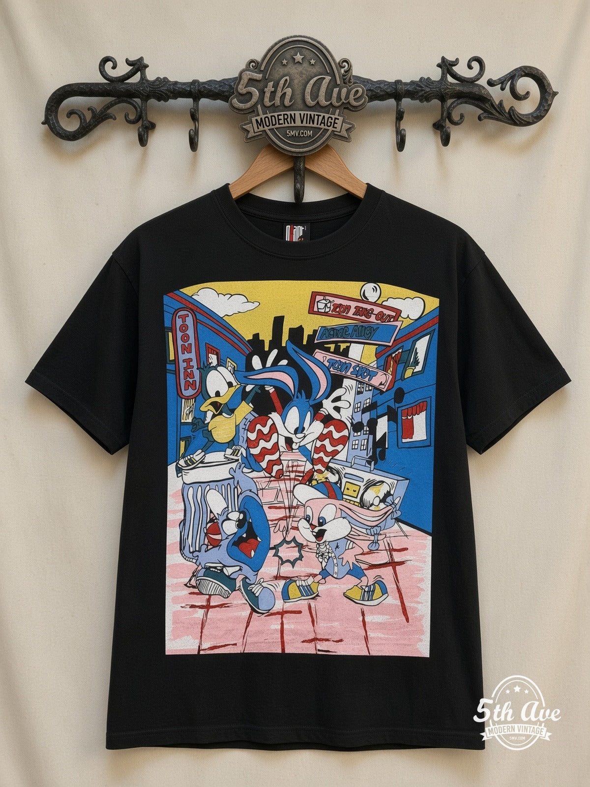 Tiny Toon Adventures Toon Town Crew all over print vintage cartoon t-shirt front on cream 5th Ave rack