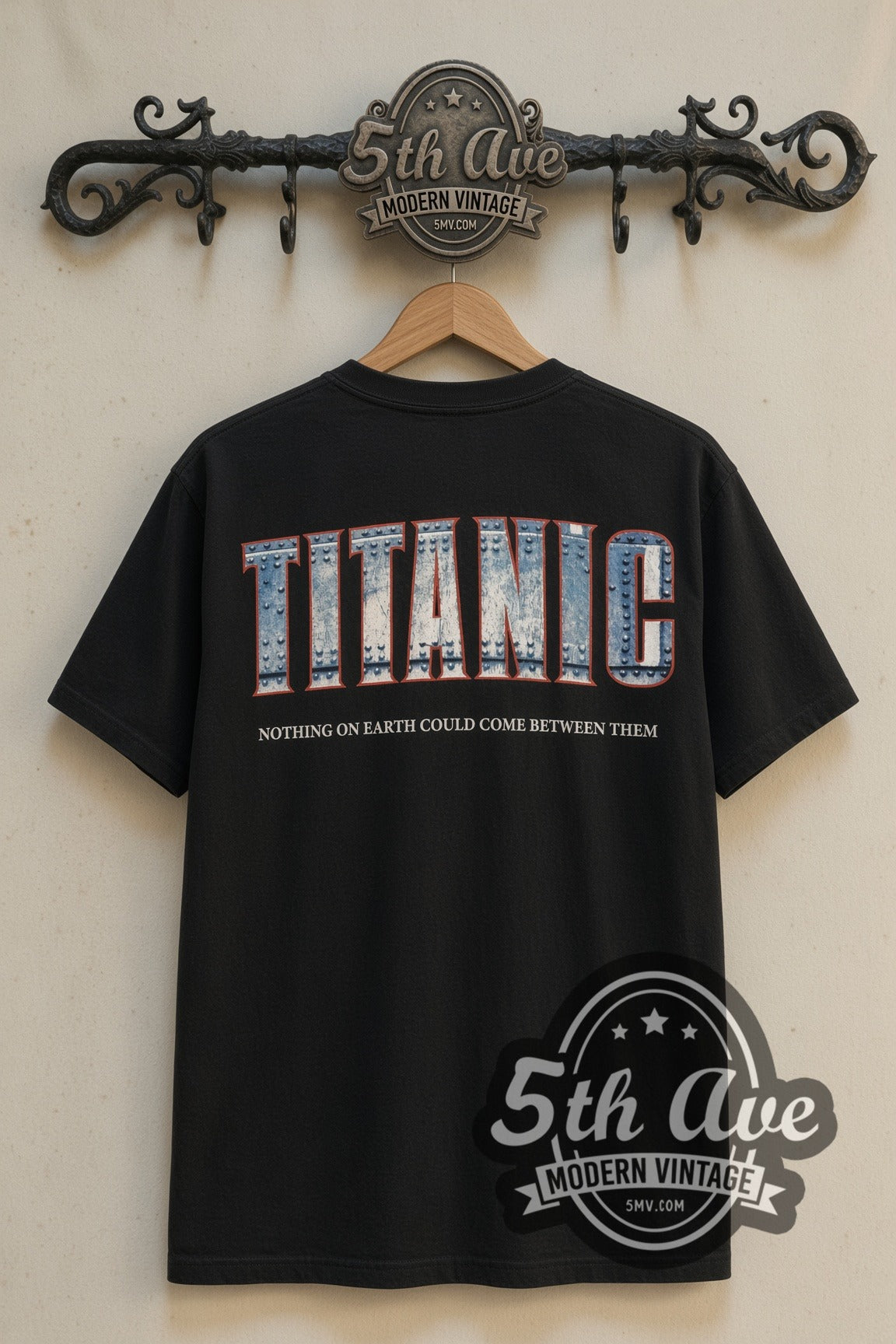 Back print of Titanic DiCaprio & Winslet Poster / Nothing on Earth tee on 5th Ave rack