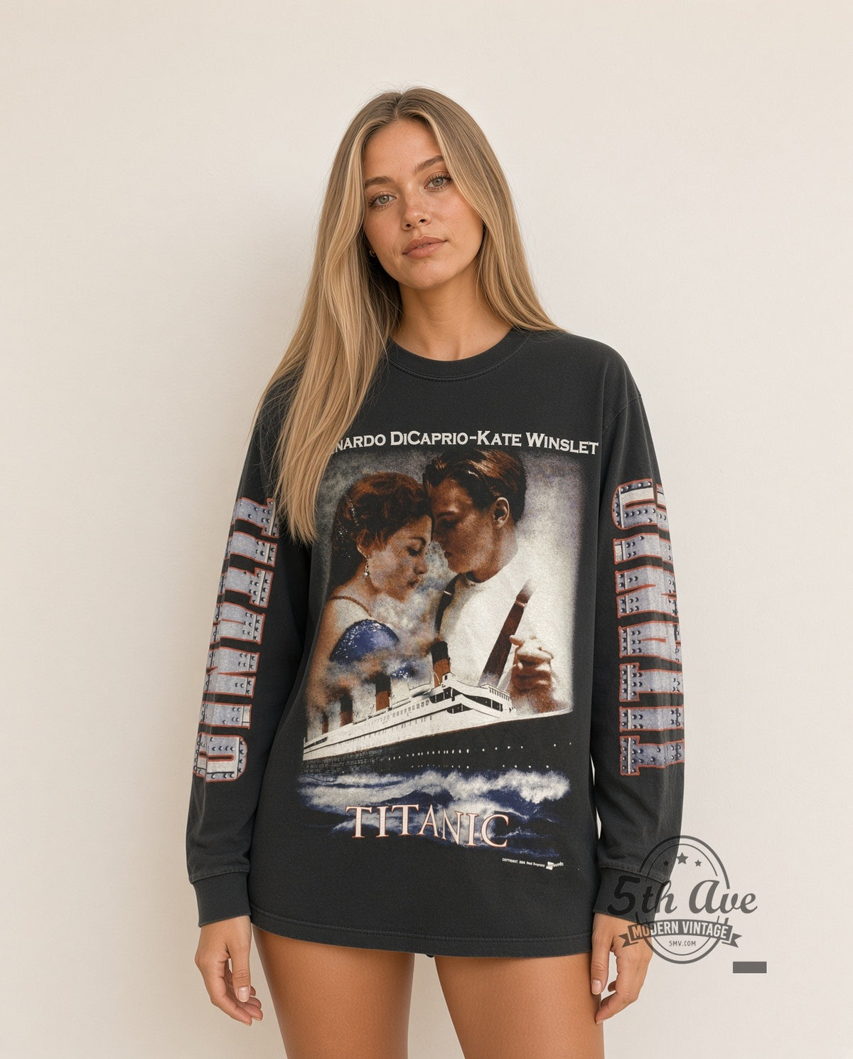 Model wearing Titanic DiCaprio and Winslet Nothing on Earth Long Sleeve vintage movie t-shirt