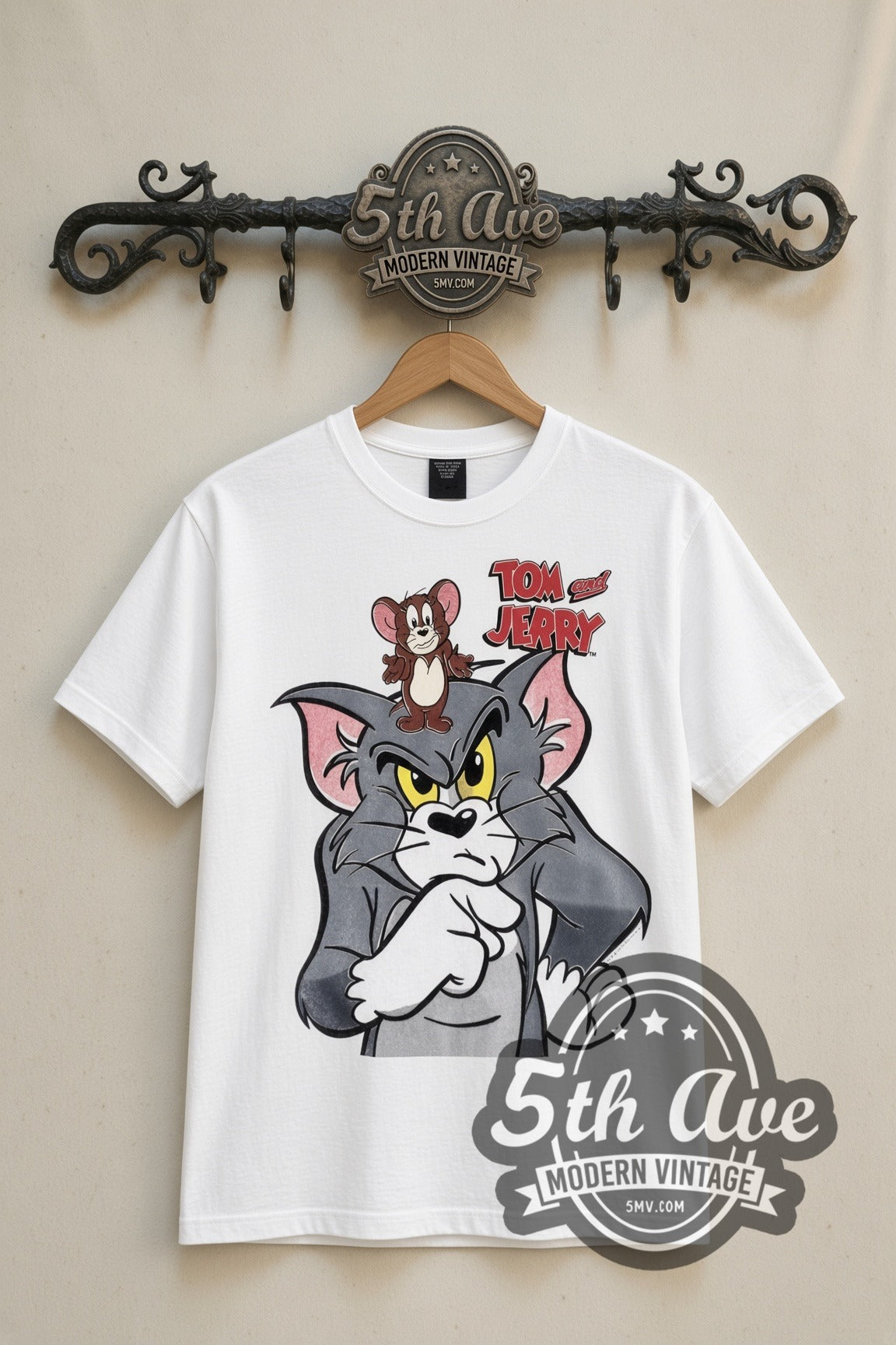 Tom and Jerry Angry Tom with Jerry cartoon tee in white, front view on a display rack