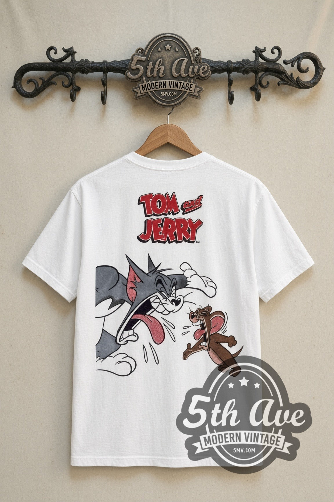 Tom and Jerry Angry Tom with Jerry cartoon tee in white, back view on a display rack