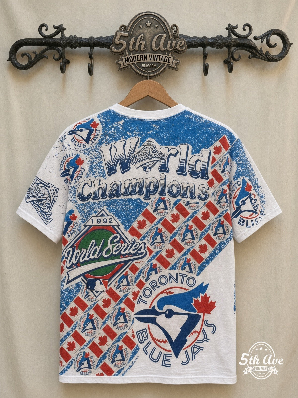 Toronto Blue Jays 1993 World Series Champions all over print vintage tee back on cream 5th Ave rack