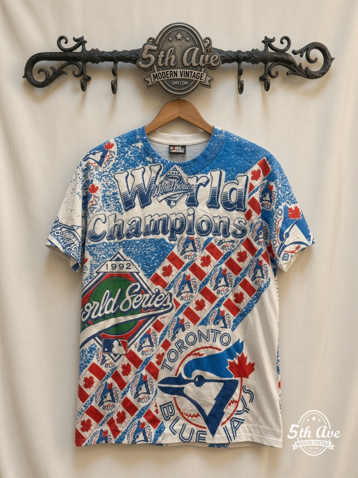 Toronto Blue Jays 1993 World Series Champions all over print vintage graphic tee front on cream 5th Ave rack