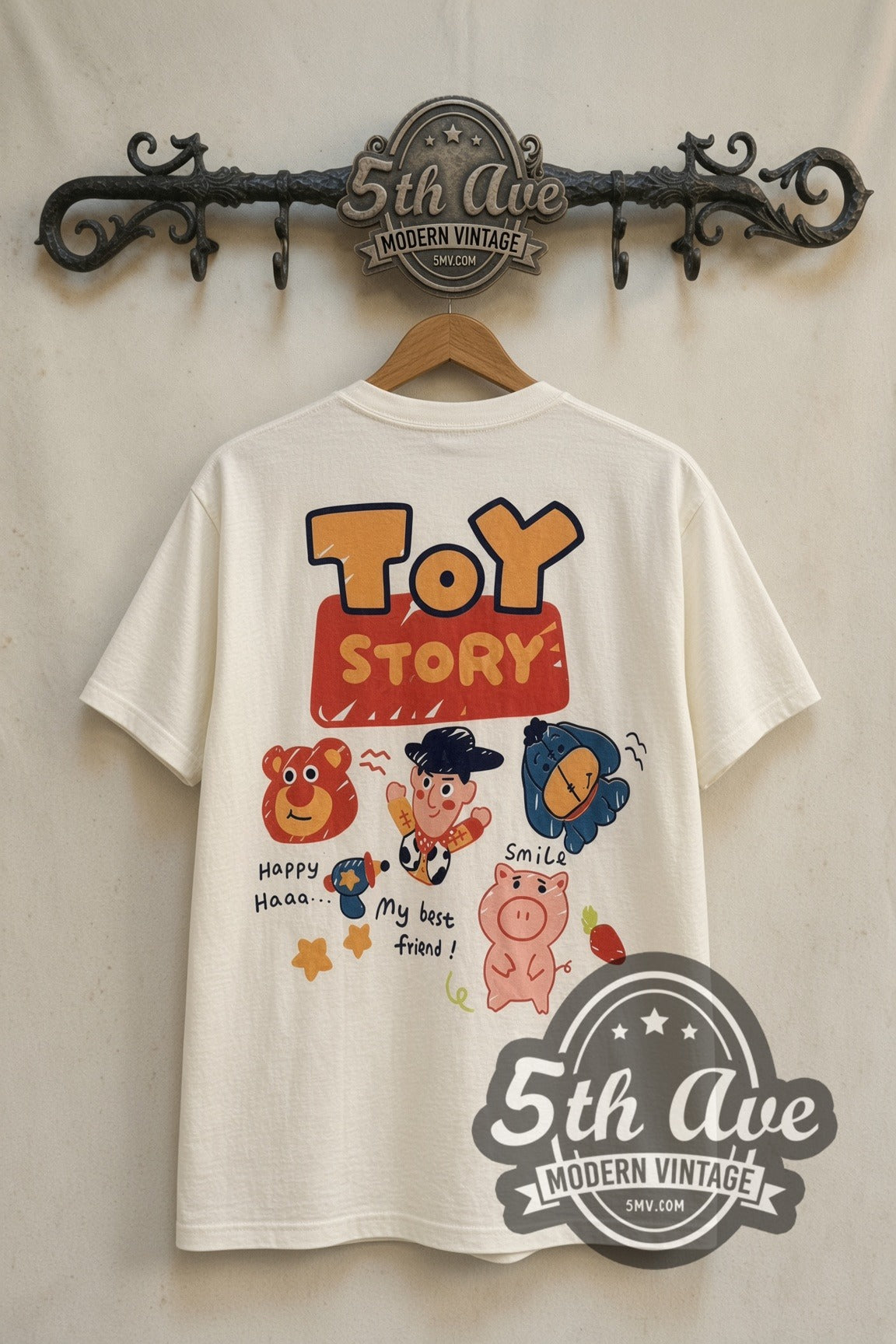Back print of Toy Story & Winnie the Pooh Best Friends Sticker Collage tee on 5th Ave rack