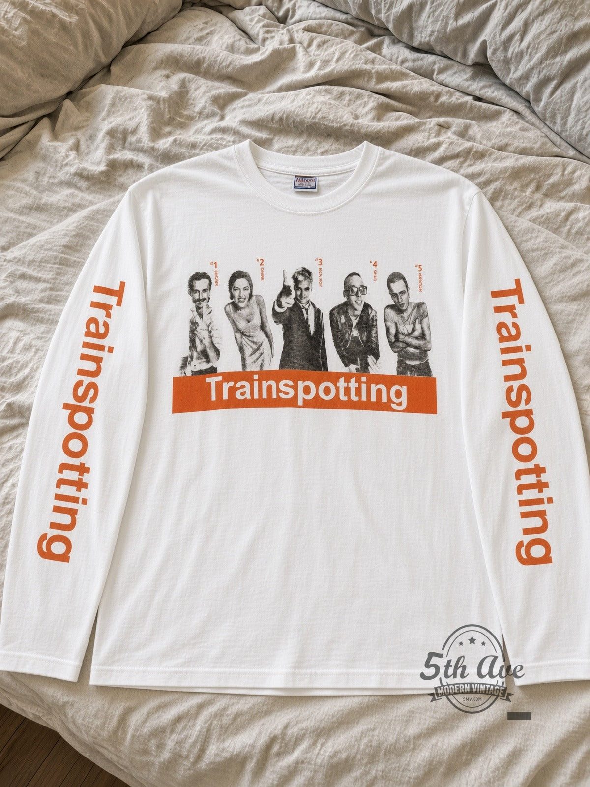 Trainspotting Cast Photo White Long Sleeve vintage movie tee laid flat on bed