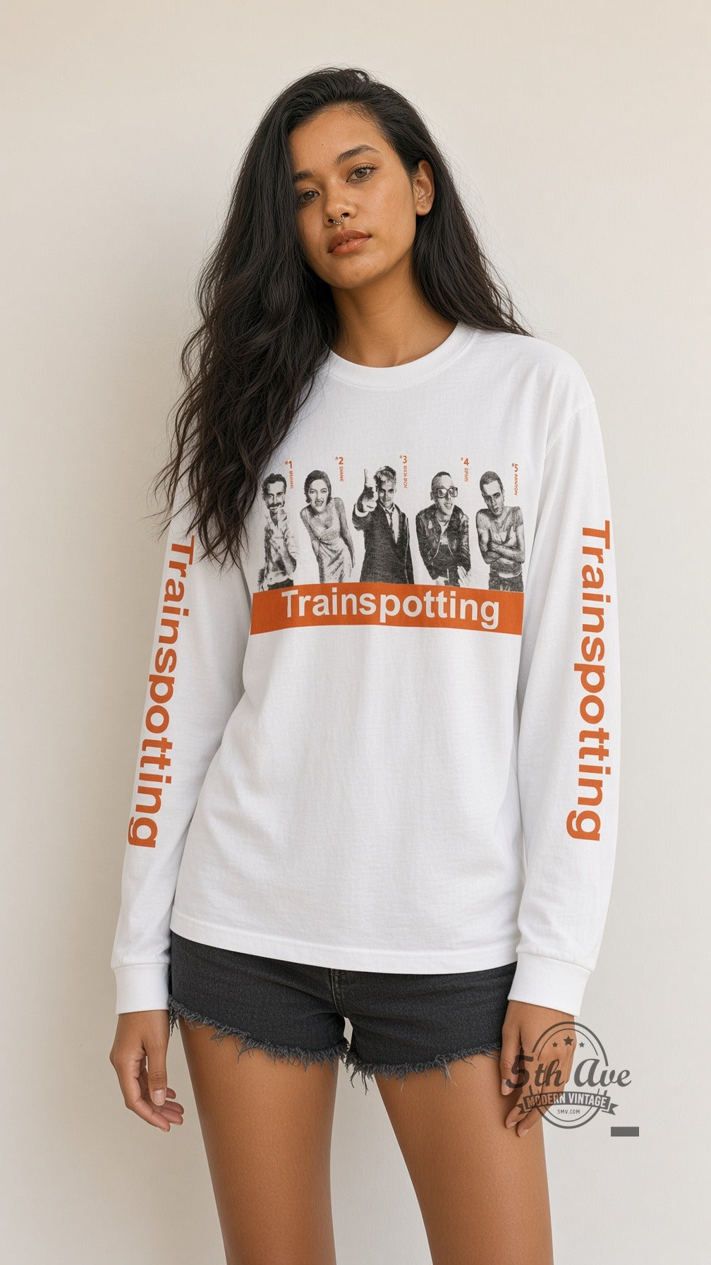 Model wearing Trainspotting Cast Photo White Long Sleeve vintage movie tee