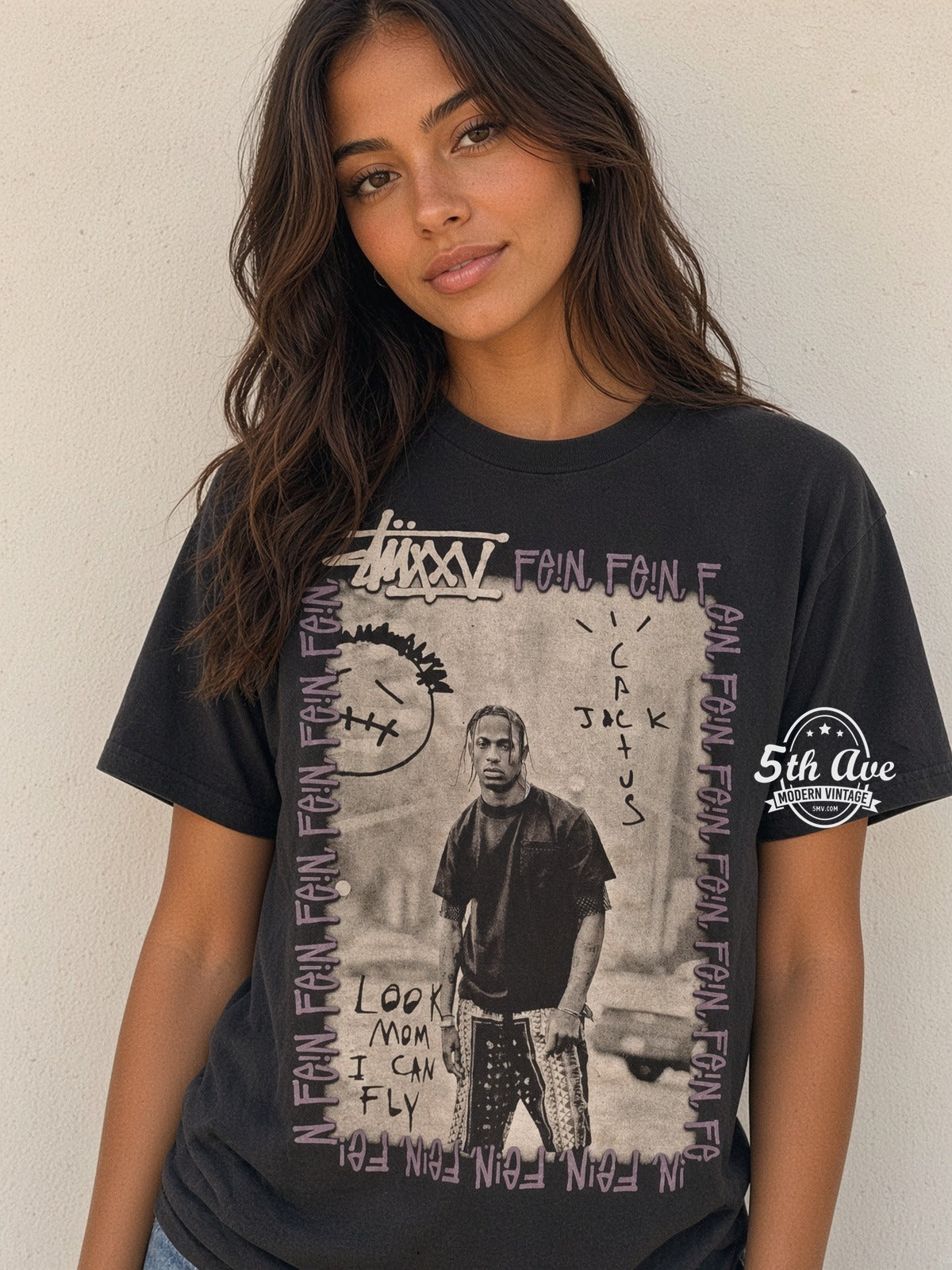 Model wearing Travis Scott Stüssy FEIN Cactus Jack vintage band t-shirt