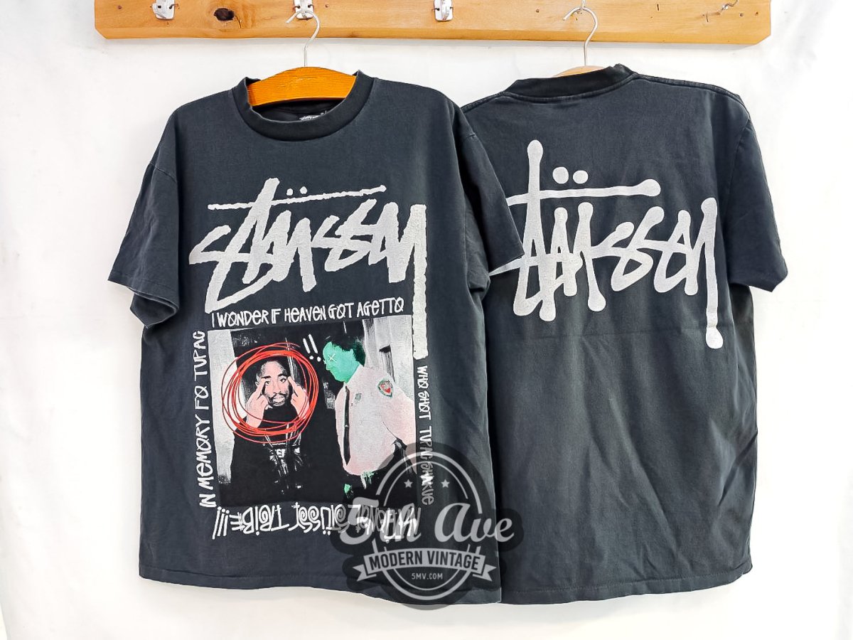 Tupac Shakur X Stüssy 'I Wonder If Heaven Got a Ghetto' - Vintage Reprint Band T-Shirt - Vintage Band Shirts