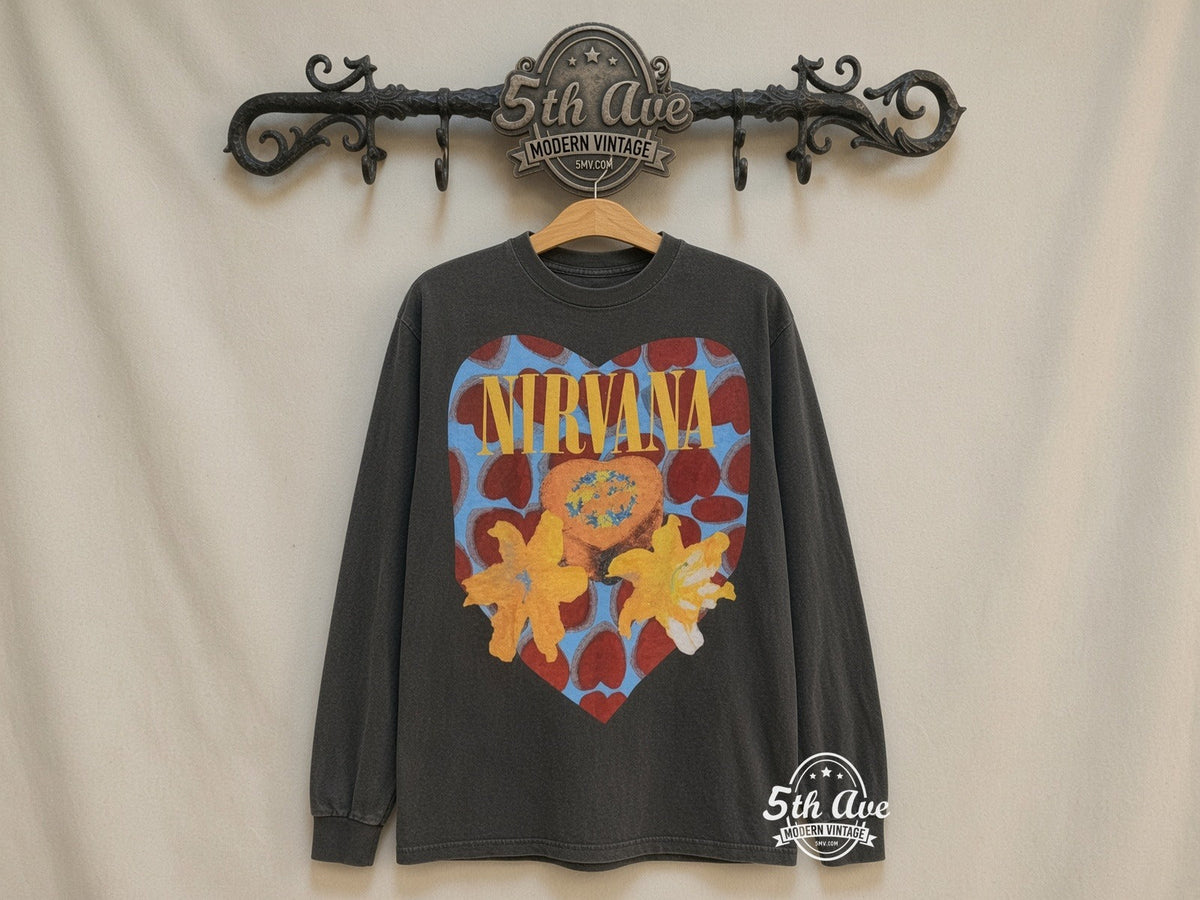 Nirvana Heart-Shaped Box Long Sleeve T-Shirt: Vintage Grunge Style with Iconic Graphic vintage tee on 5th Ave cream rack — front