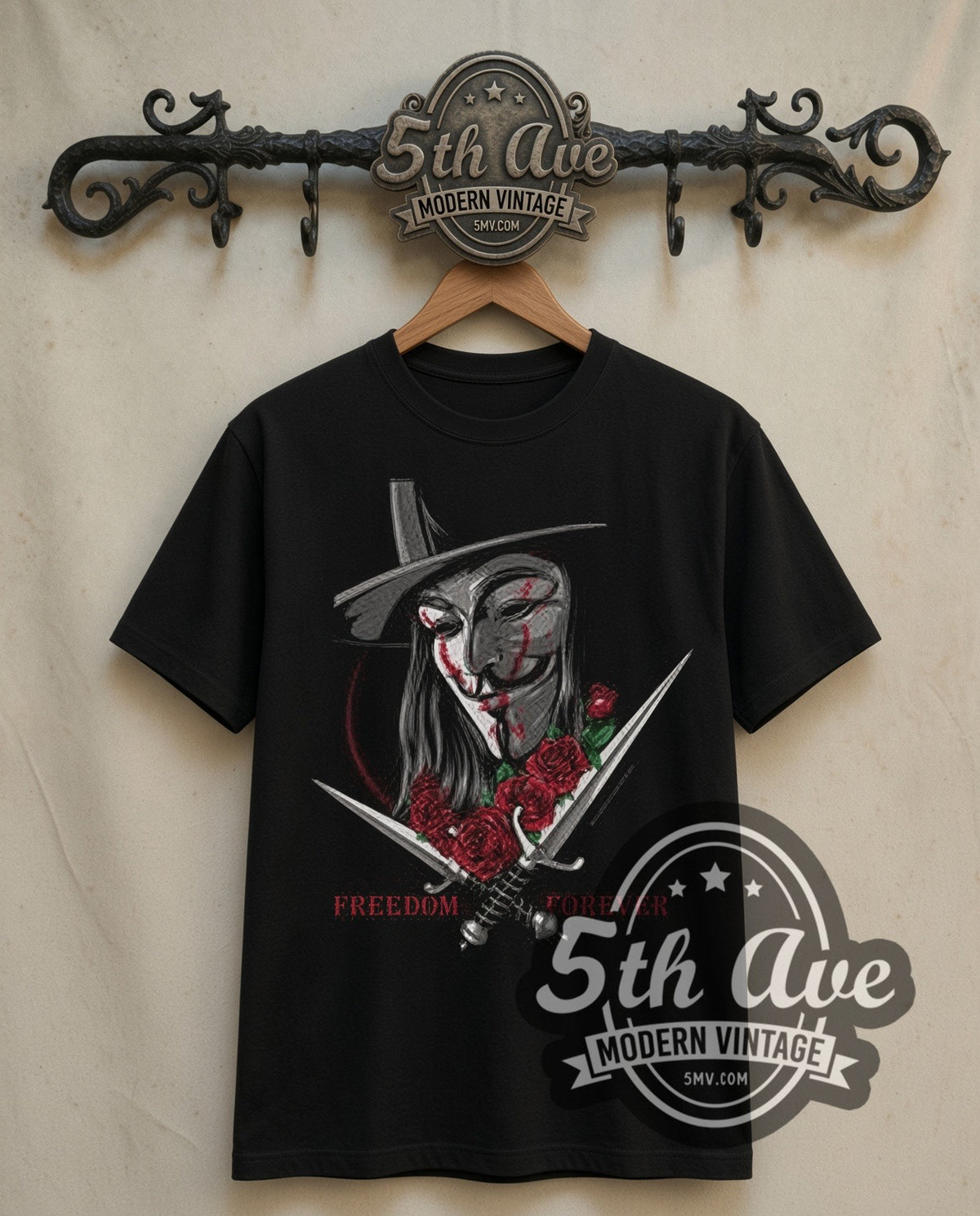 V for Vendetta Guy Fawkes Mask with Daggers double stitched black tee front on dark iron 5th Ave rack