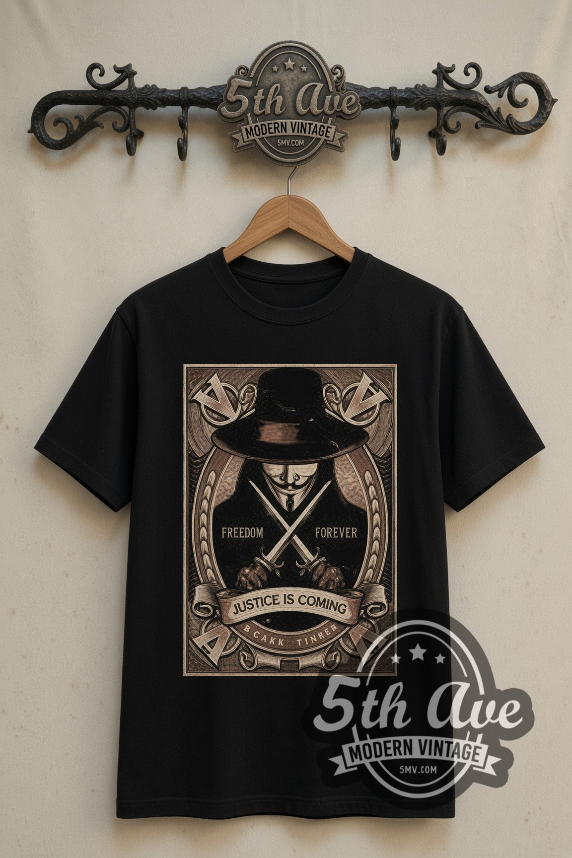V for Vendetta Justice Is Coming Frame double stitched black tee front on dark iron 5th Ave rack