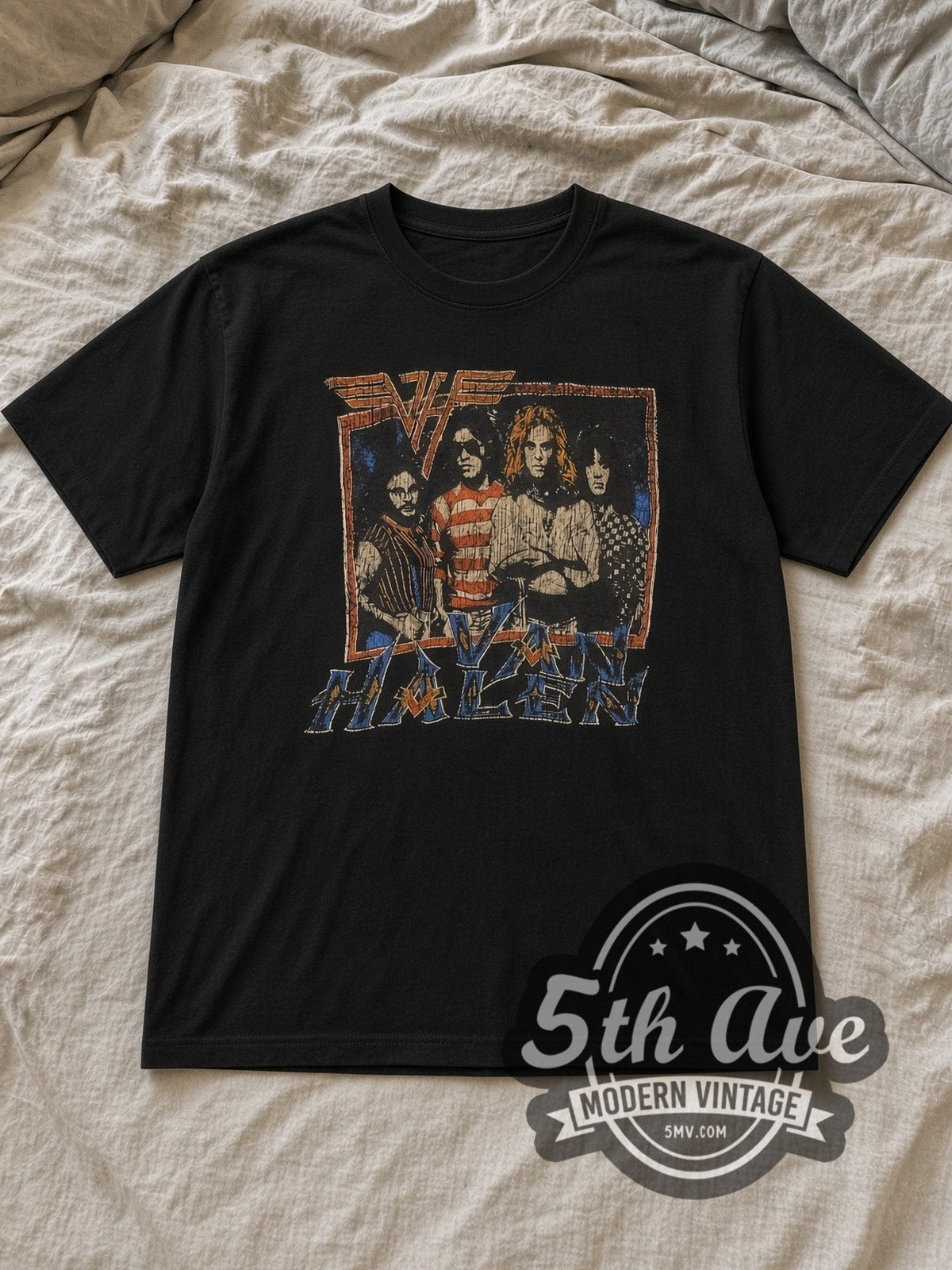 Black Van Halen Bulls Legends Vintage Band T-Shirt laid flat on a linen bed