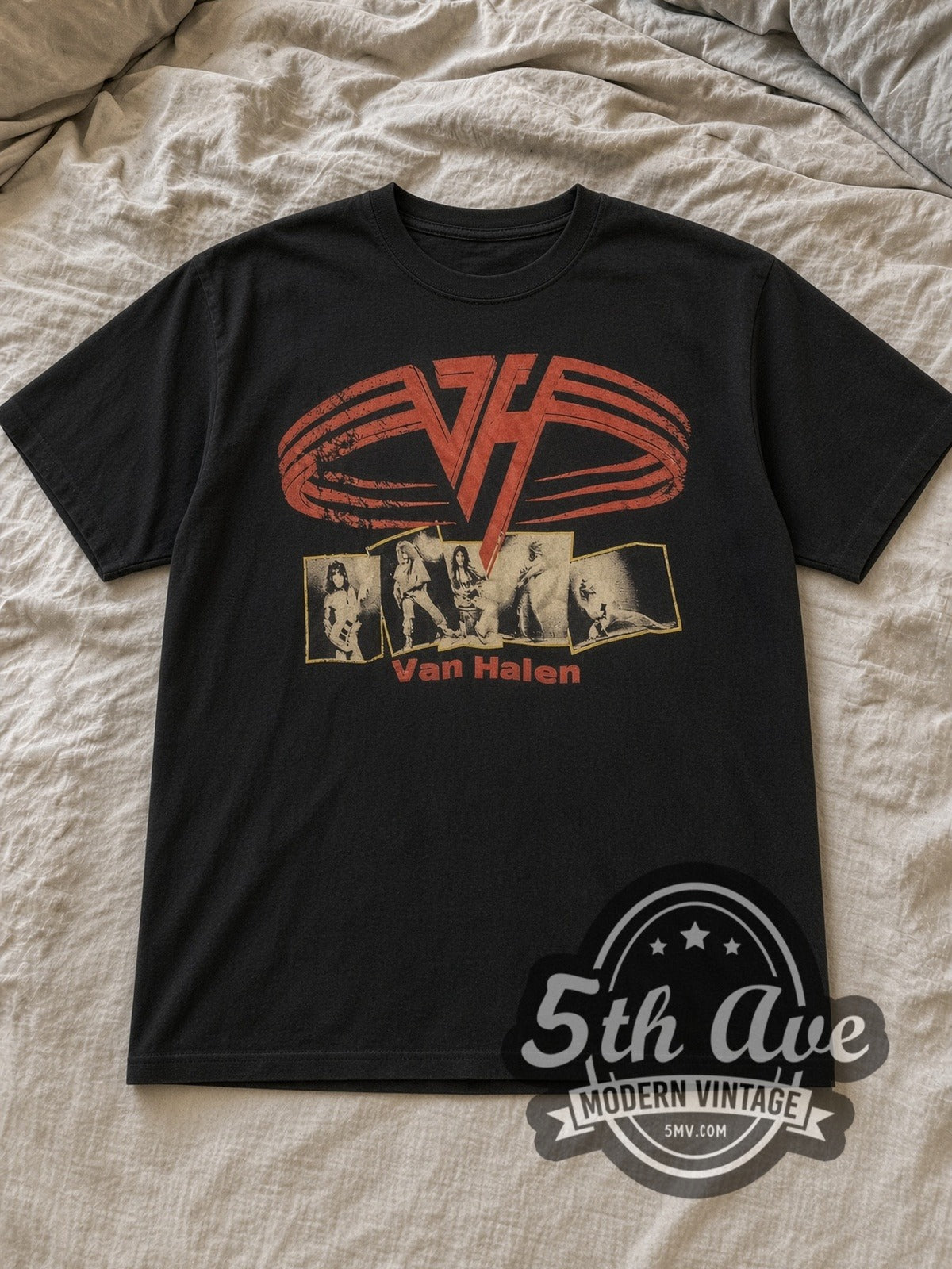 Black Van Halen Classic Design Vintage Band T-Shirt laid flat on a linen bed