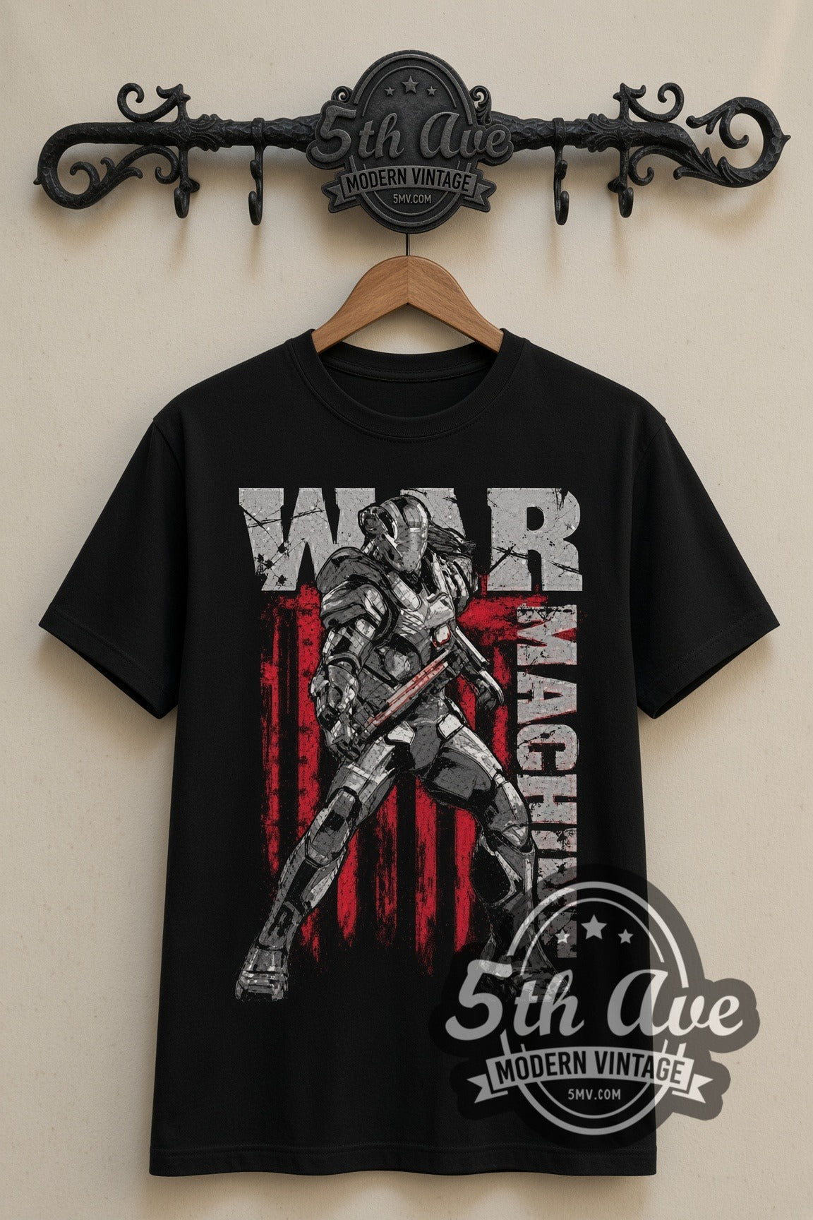 War Machine Armor with Red Stripes double stitched black tee front on dark iron 5th Ave rack