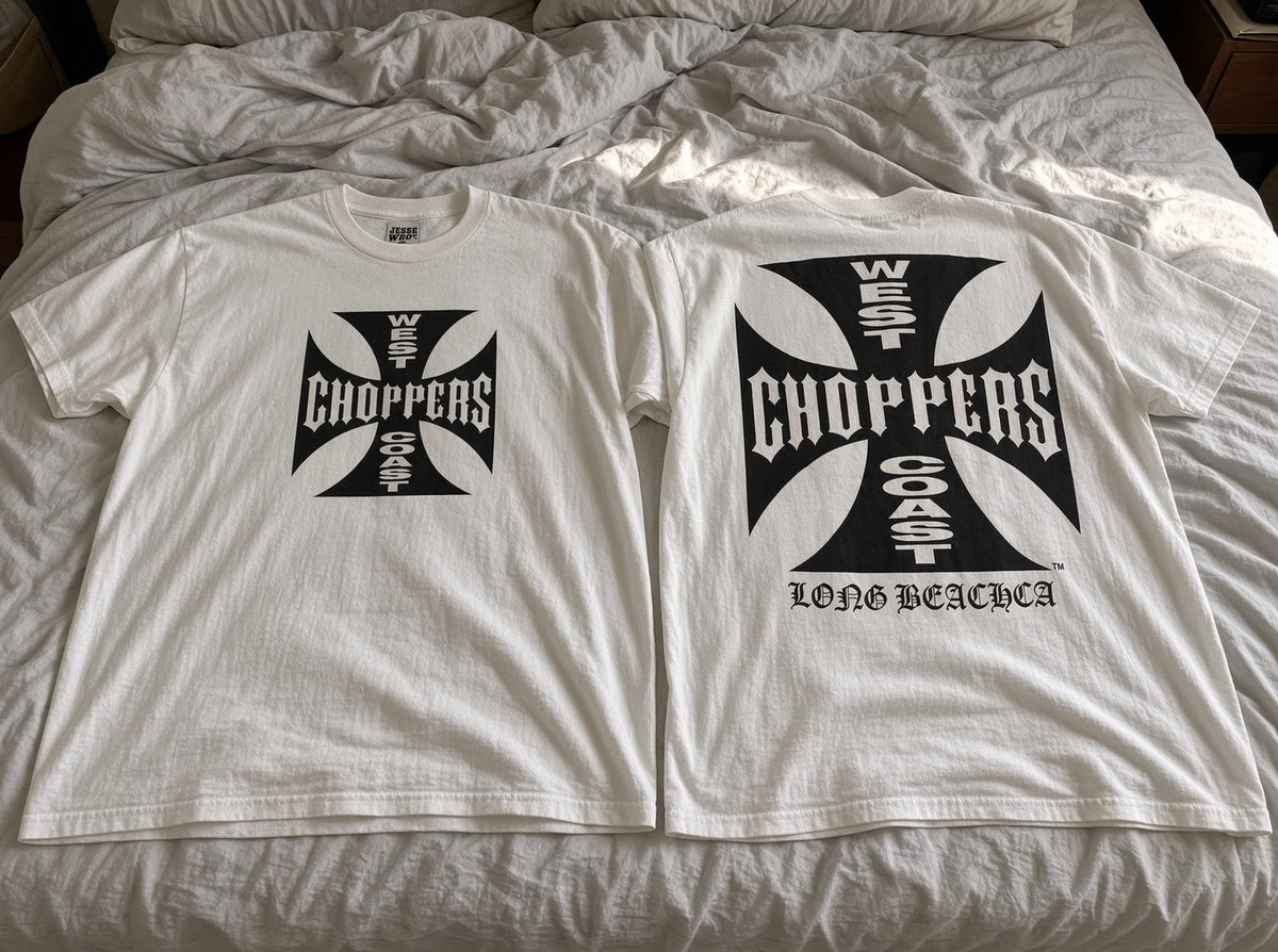 West Coast Choppers vintage graphic tee on bed
