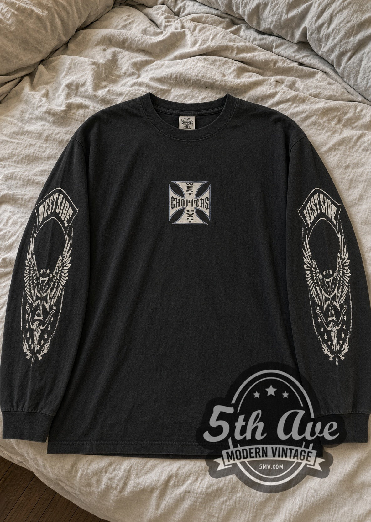 West Coast Choppers Blue Iron Cross Eagle Sleeves Long Sleeve vintage motorsports tee laid flat on bed