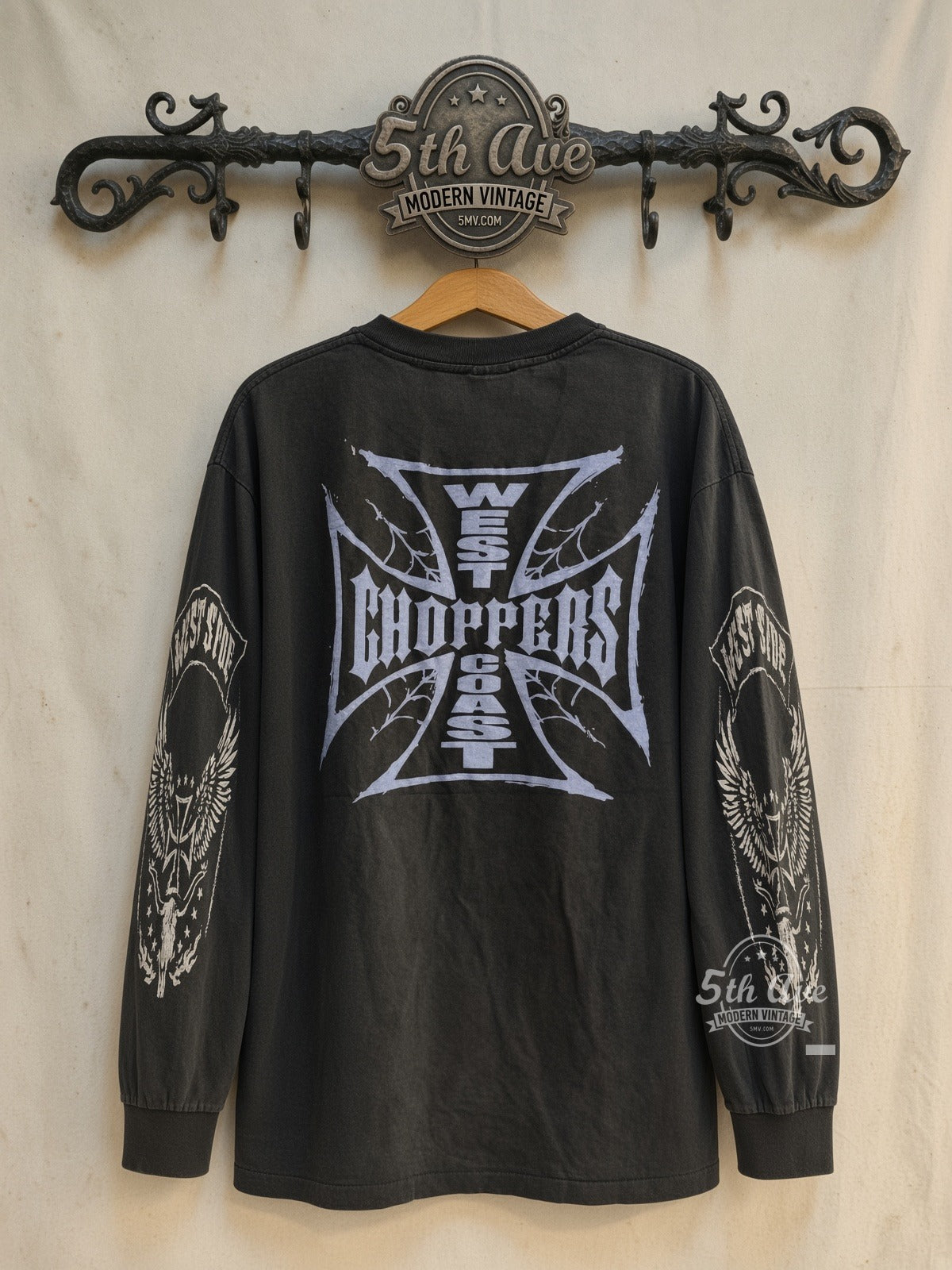 West Coast Choppers Blue Iron Cross Eagle Sleeves Long Sleeve vintage motorsports tee back on cream 5th Ave rack