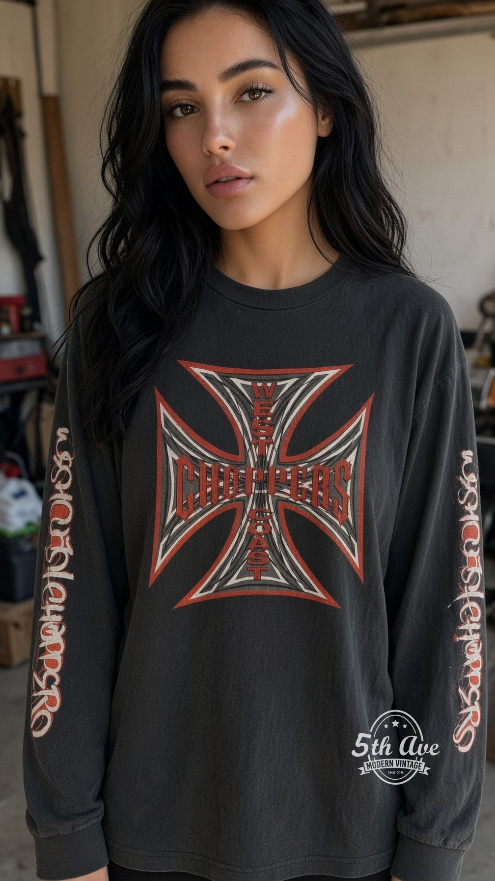 Model wearing West Coast Choppers vintage band t-shirt