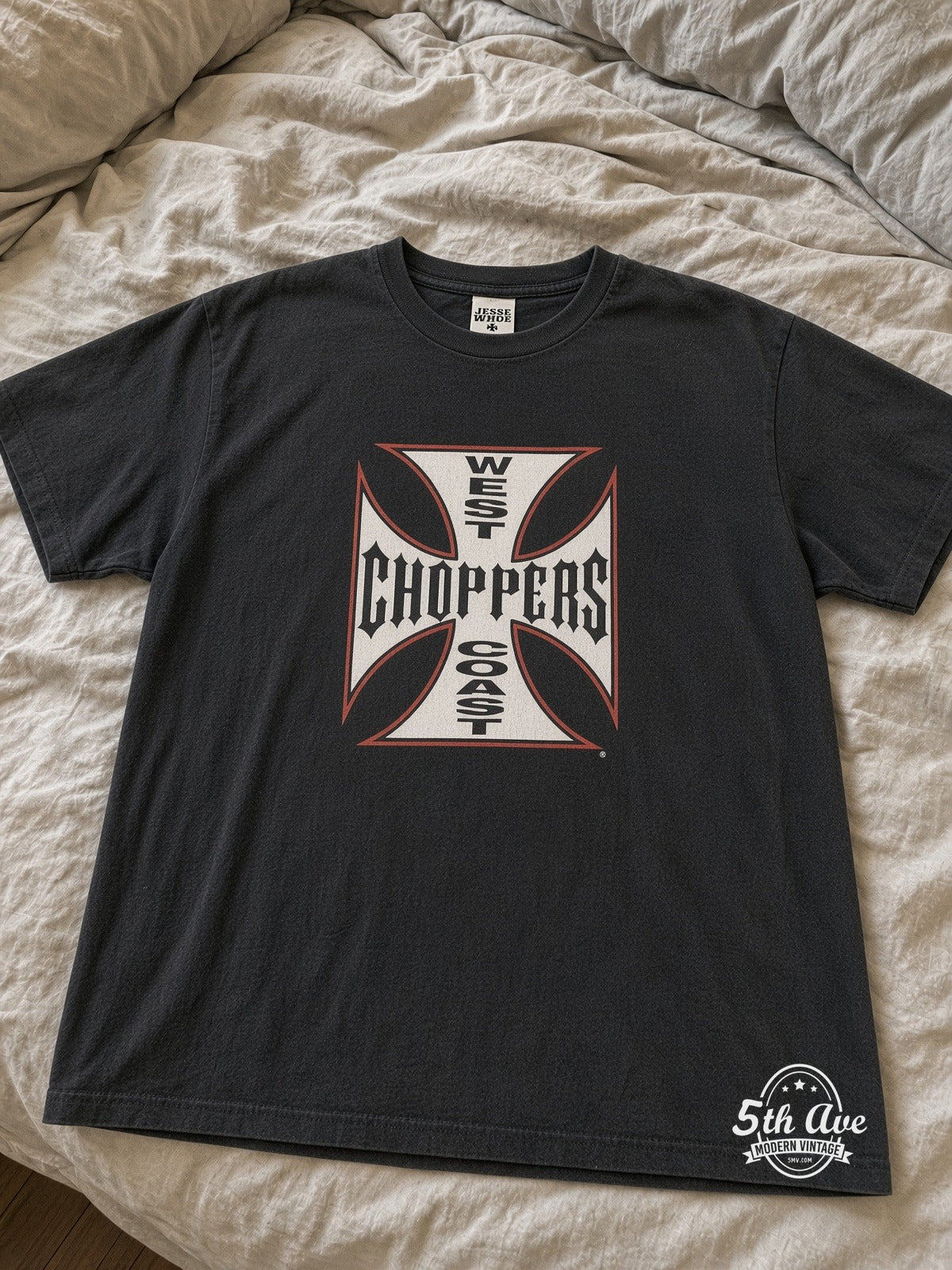 West Coast Choppers Iron Cross Long Beach CA vintage tee laid on bed