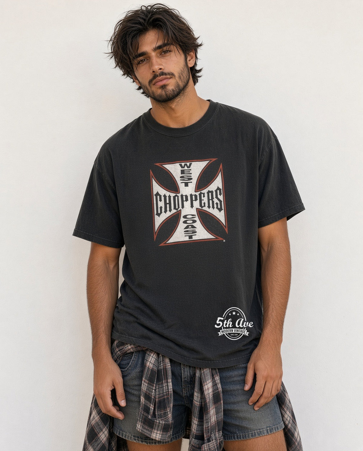 Model wearing West Coast Choppers Iron Cross Long Beach CA vintage t-shirt