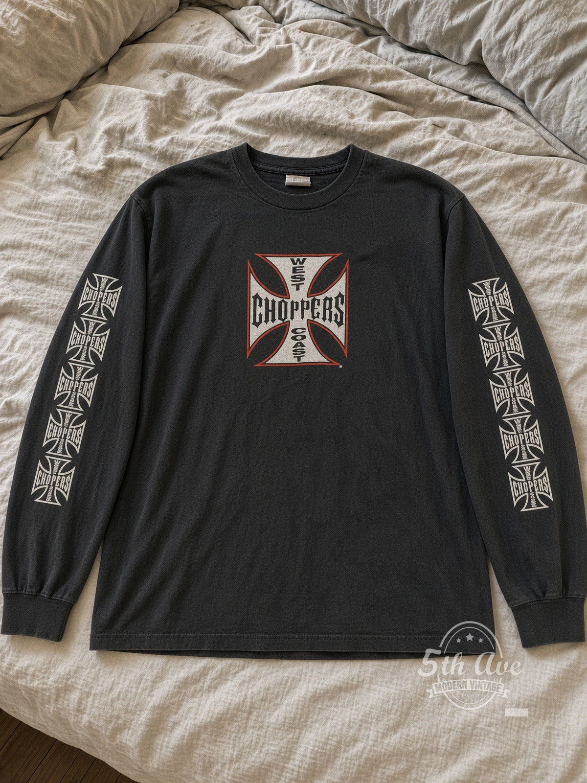 West Coast Choppers Red Cross Long Beach CA Long Sleeve vintage motorsports tee laid flat on bed