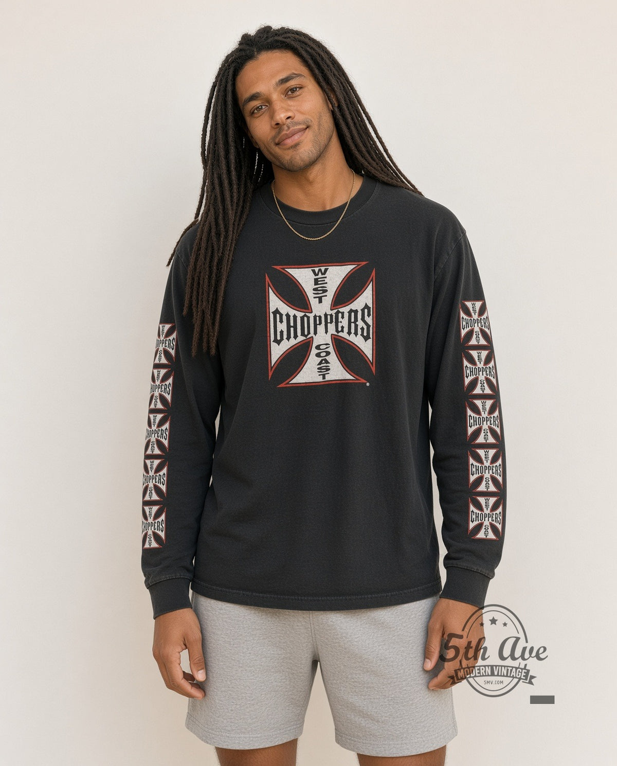 Model wearing West Coast Choppers Red Cross Long Beach CA Long Sleeve vintage motorsports tee