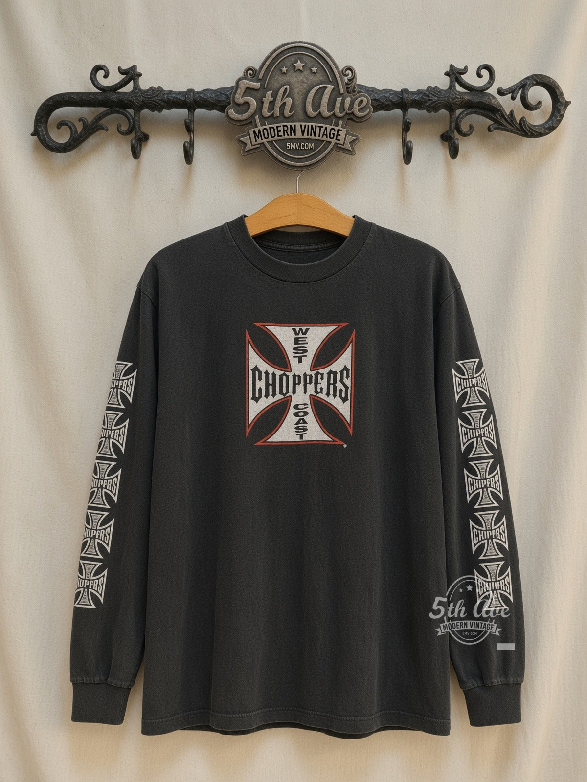 West Coast Choppers Red Cross Long Beach CA Long Sleeve vintage motorsports tee front on cream 5th Ave rack