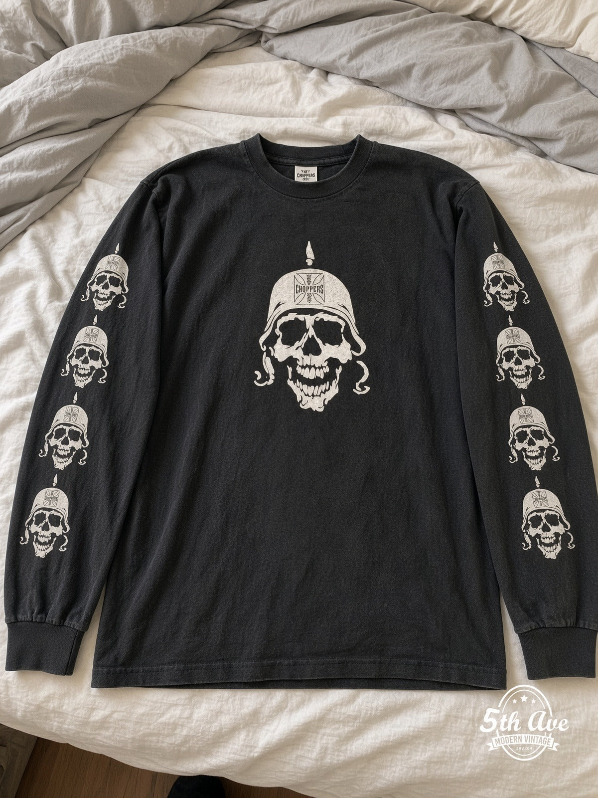 West Coast Choppers skull helmet long sleeve vintage graphic tee laid on bed