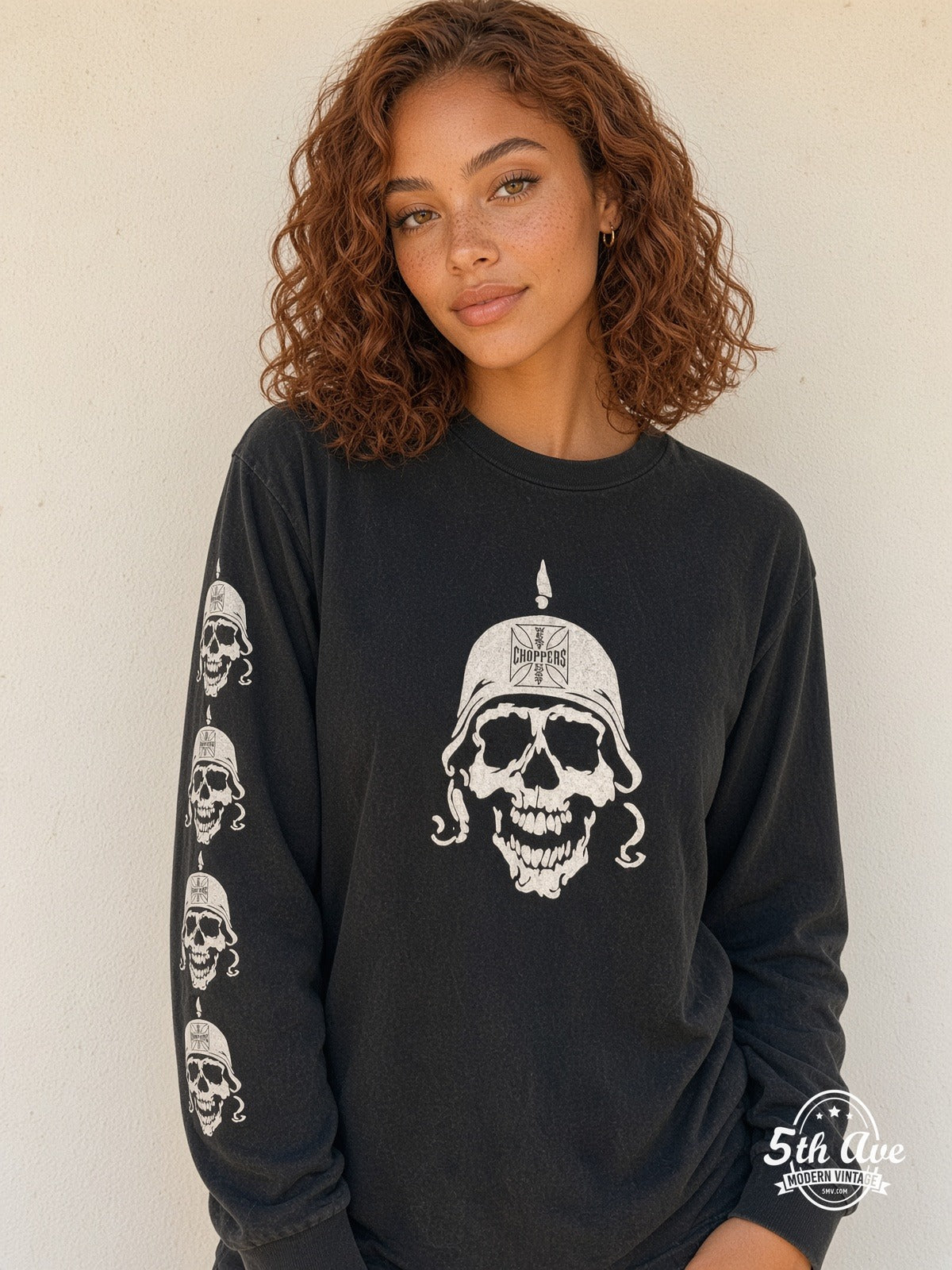 Model wearing West Coast Choppers skull helmet Maltese cross long sleeve vintage graphic tee