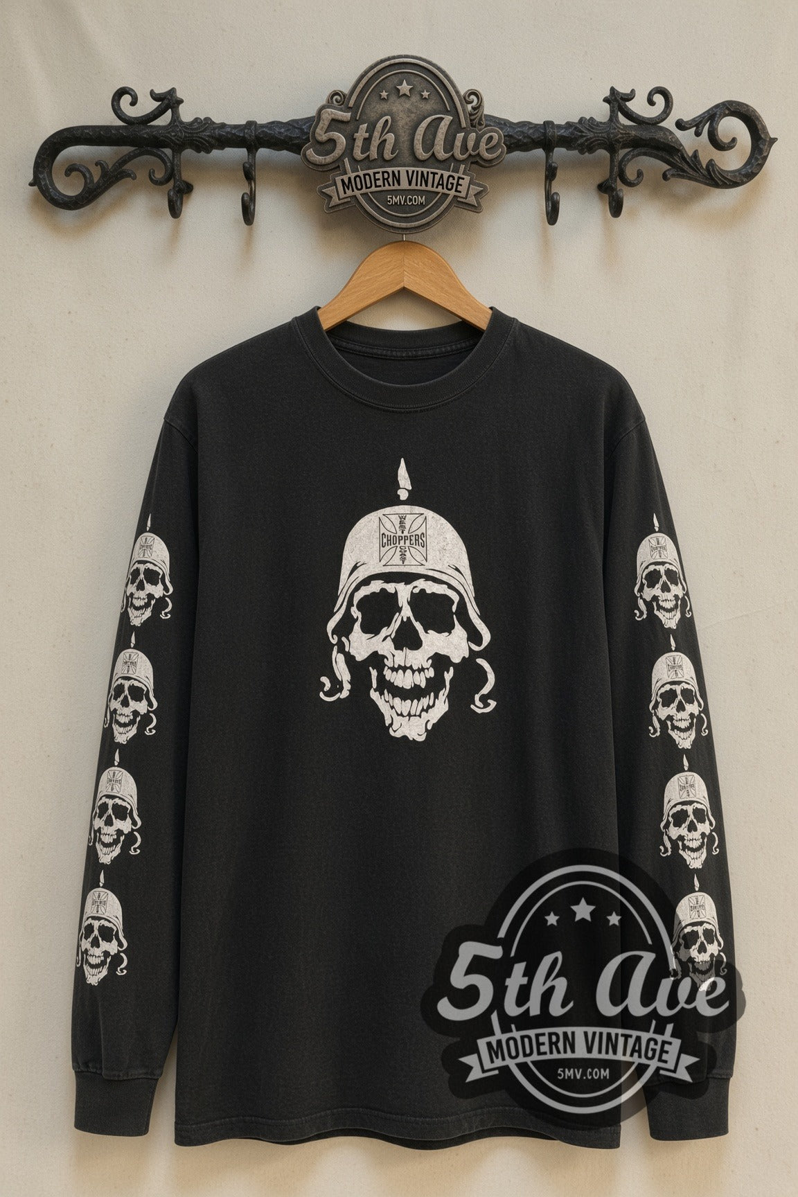 West Coast Choppers Skull Helmet / Maltese Cross vintage biker long sleeve tee front on 5th Ave iron rack