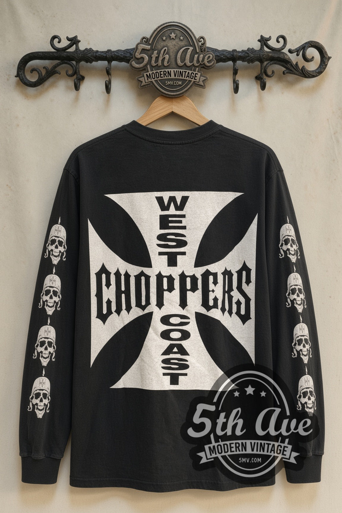 Back print of West Coast Choppers Skull Helmet / Maltese Cross vintage biker long sleeve tee on 5th Ave rack – iron cross back