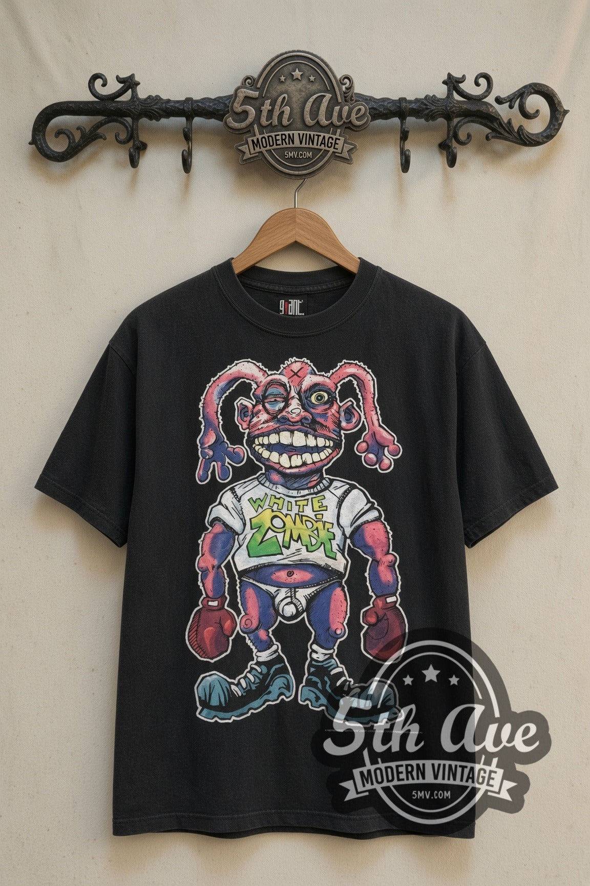 White Zombie cartoon boxer band t-shirt front on cream 5th Ave rack