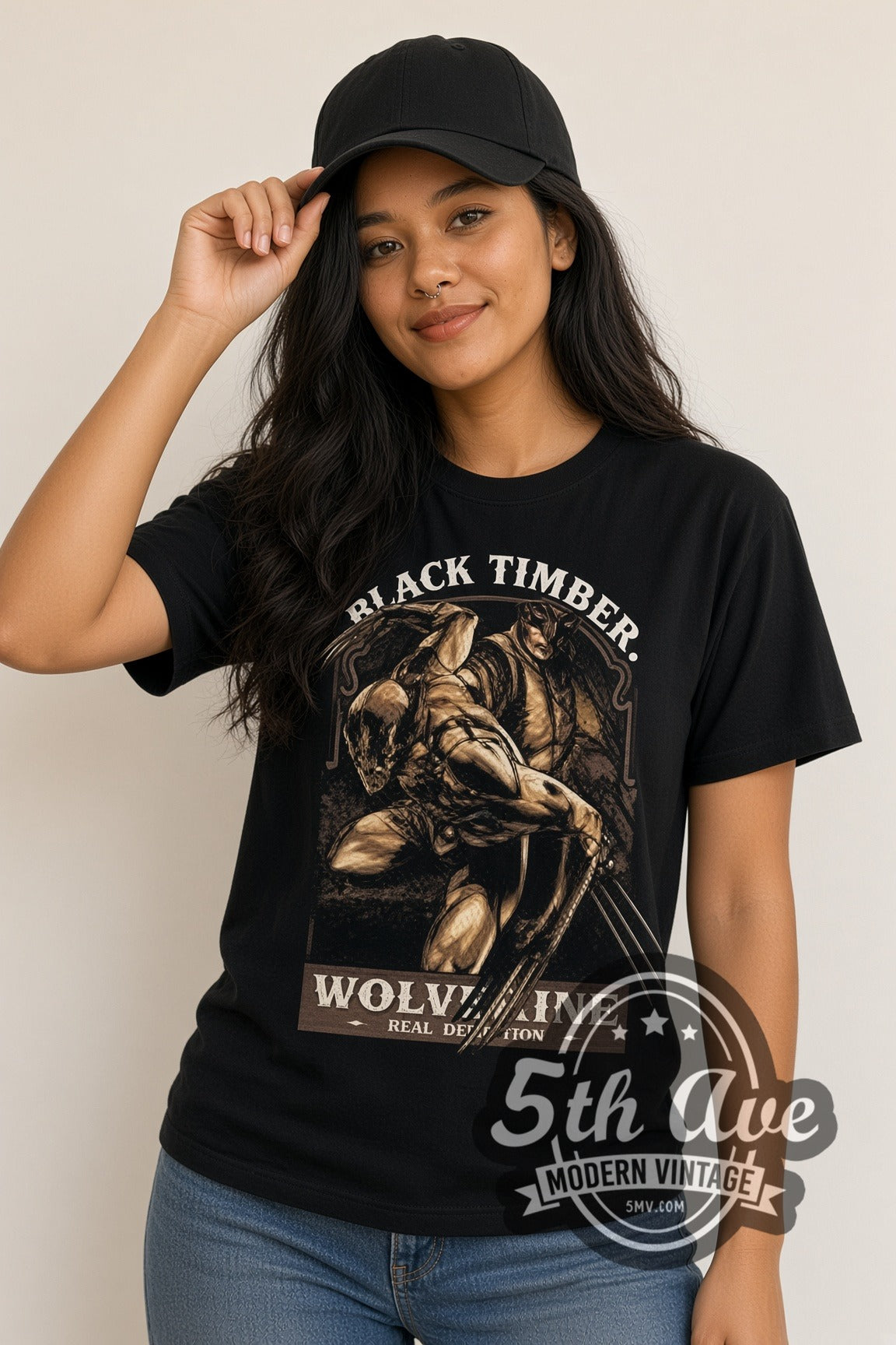 Woman wearing Wolverine Black Timber Claws double stitched black graphic tee