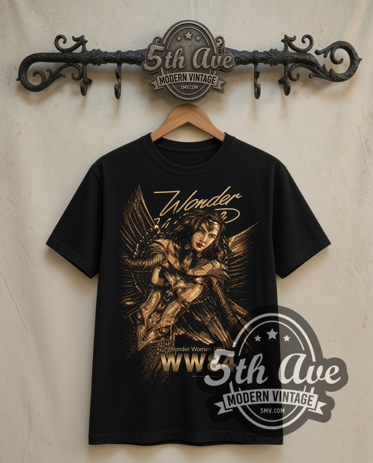 Wonder Woman 1984 Golden Armor double stitched black tee front on dark iron 5th Ave rack