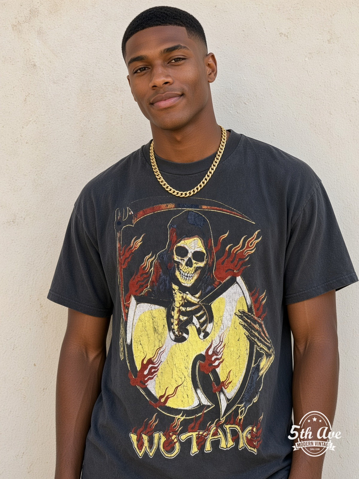 Model wearing Wu-Tang Clan CREAM Reaper vintage t-shirt