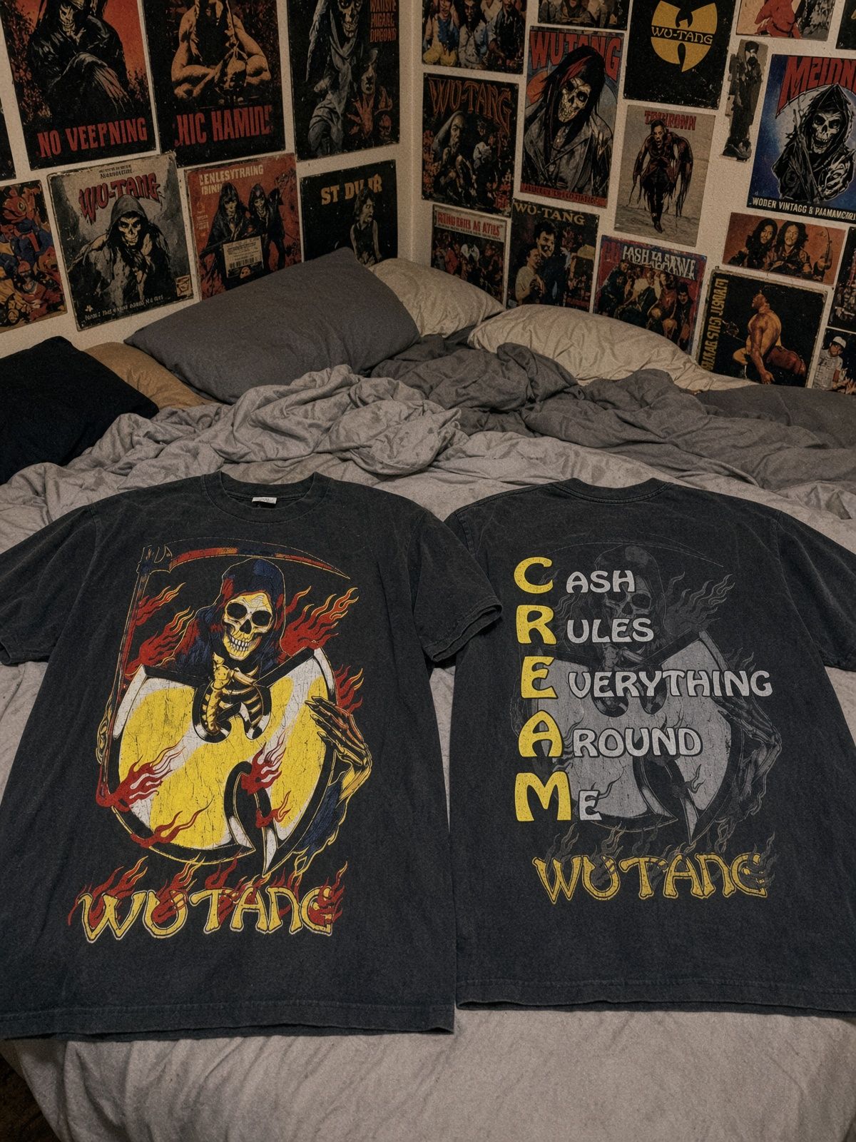 Wu-Tang Clan C.R.E.A.M. vintage band t-shirt on bed