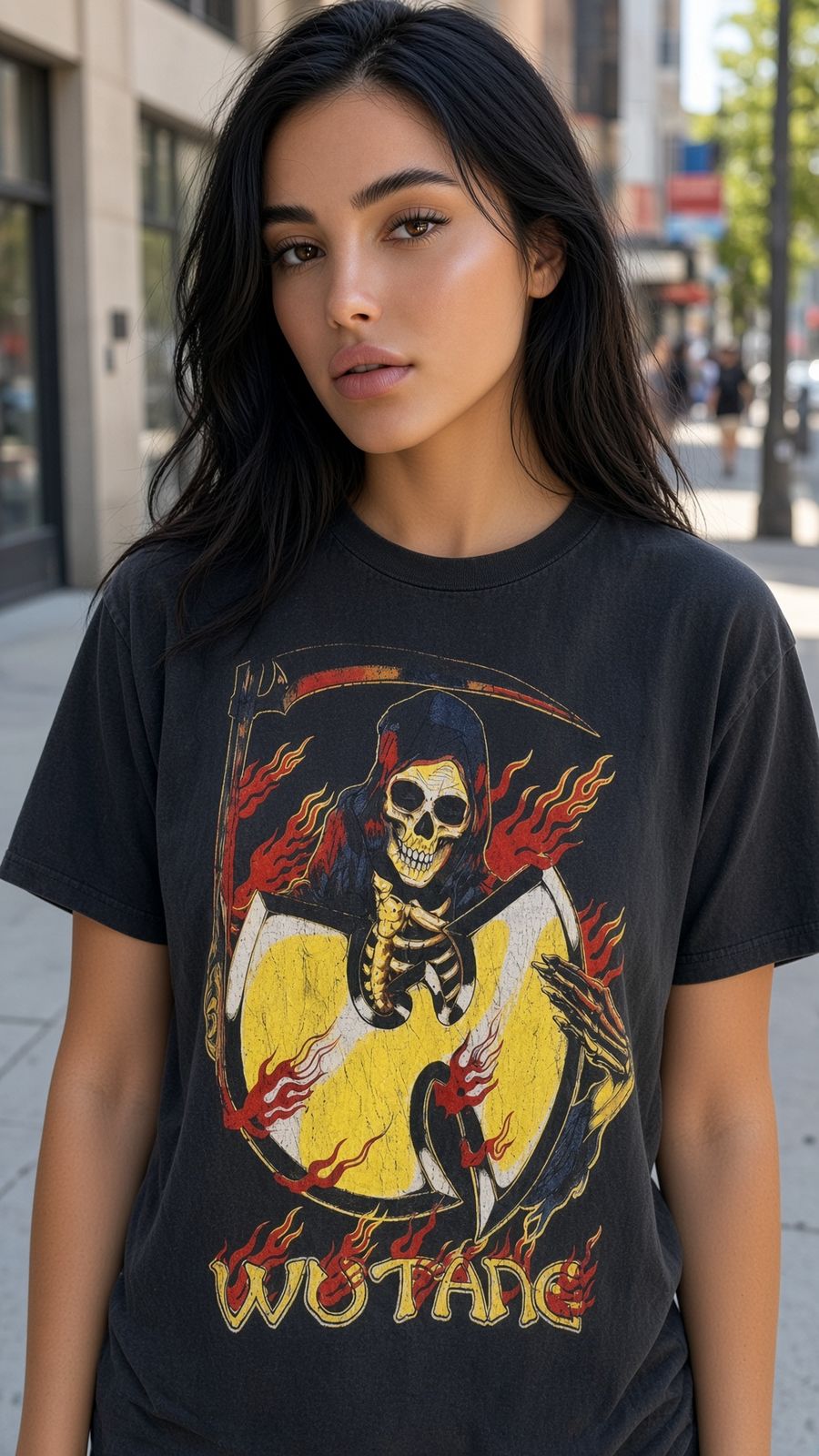Model wearing Wu-Tang Clan C.R.E.A.M. vintage band t-shirt