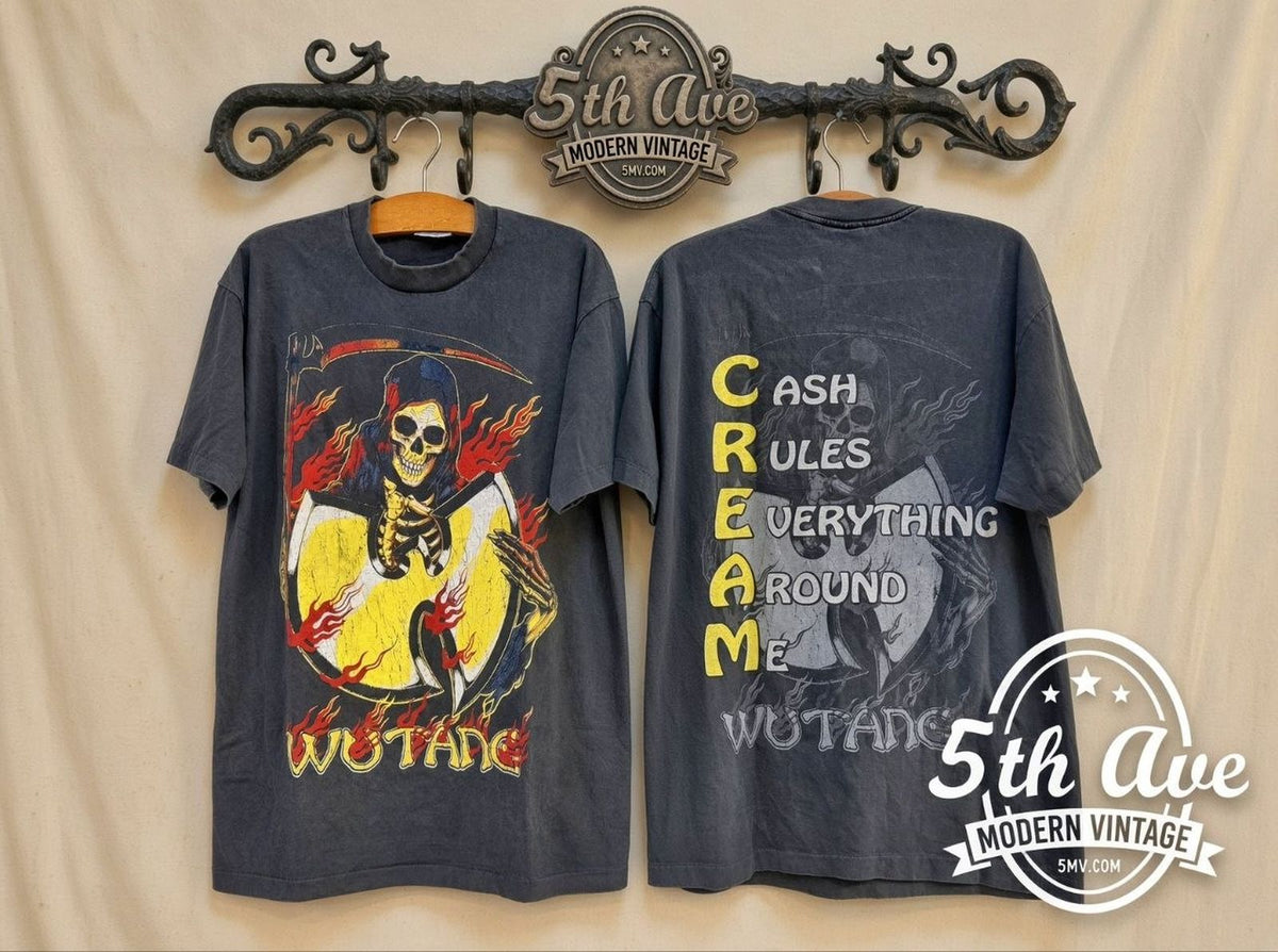 Wu-Tang Clan C.R.E.A.M. vintage band t-shirt front and back on rack