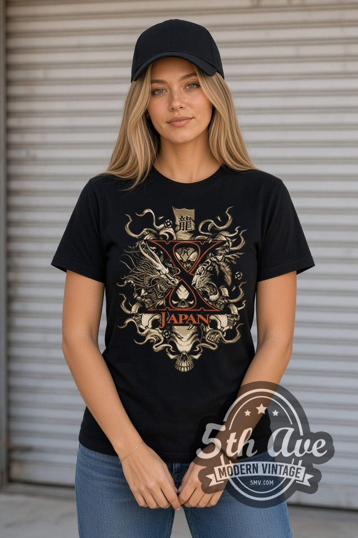 Woman wearing X Japan Dragon Crest with X Logo double stitched black graphic tee