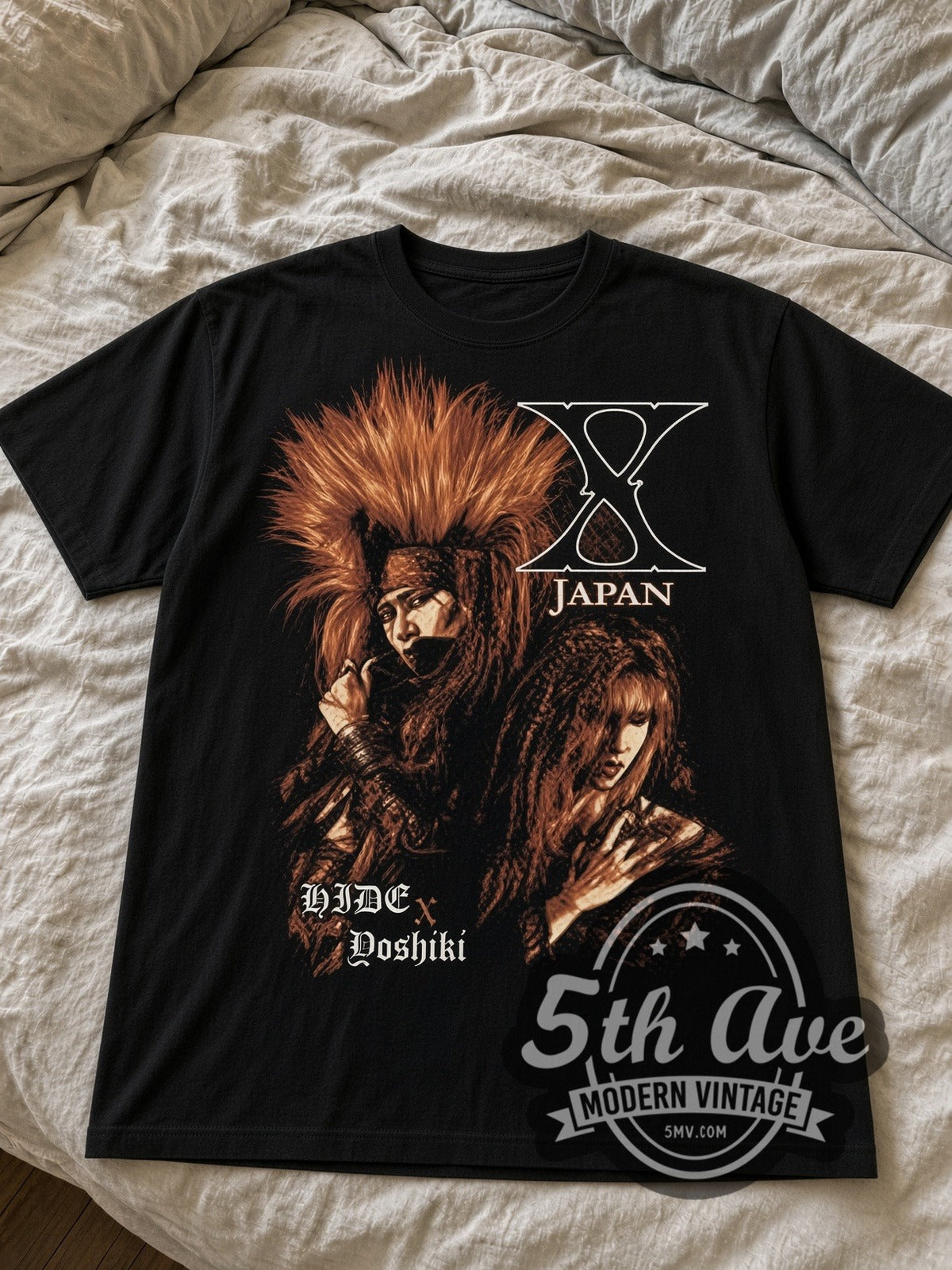 X Japan hide and Yoshiki black graphic tee laid flat on linen bed