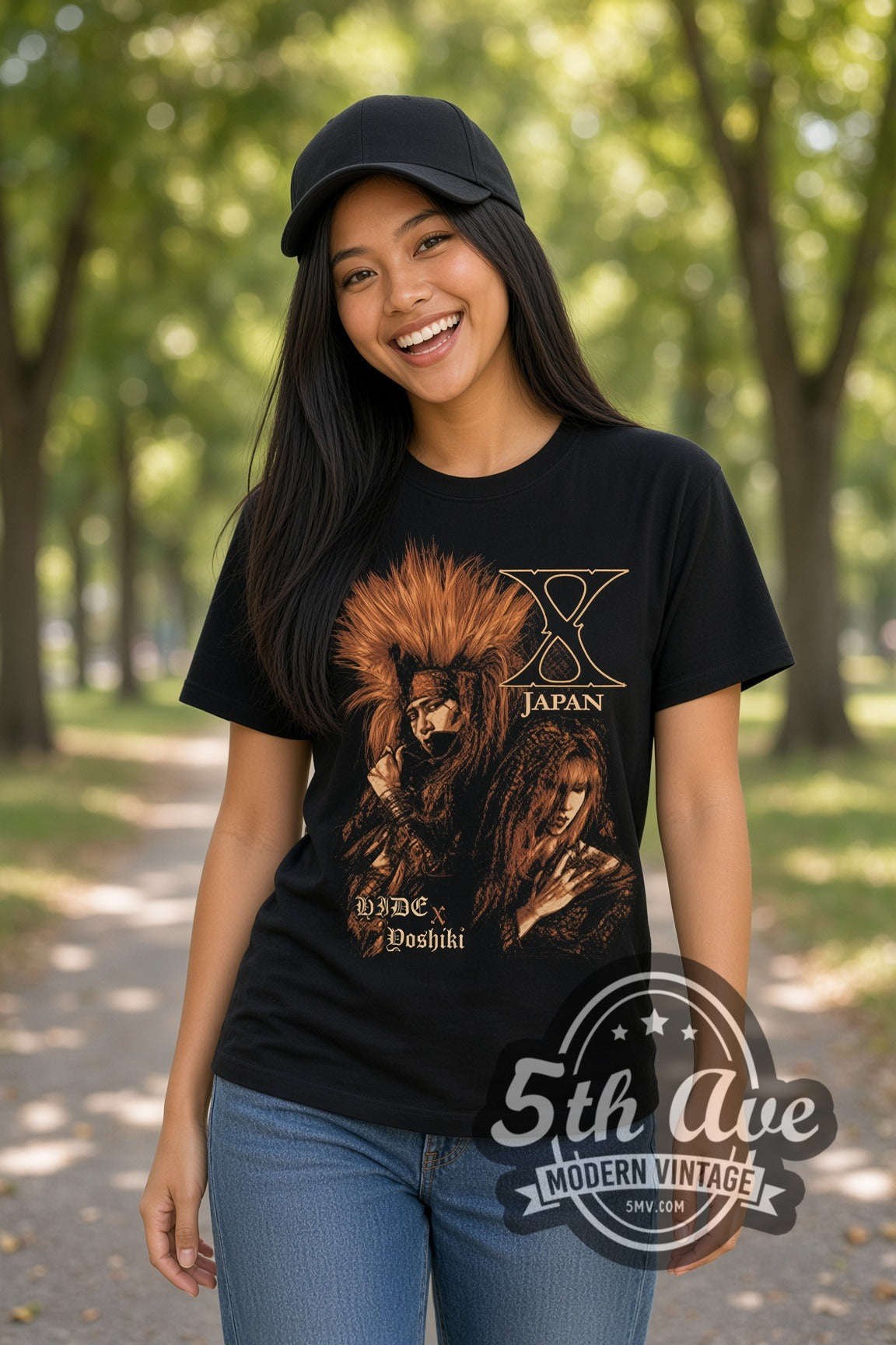 Woman wearing X Japan hide and Yoshiki double stitched black graphic tee