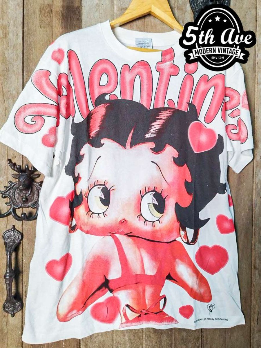 Betty Boop Valentine - AOP all over print New Vintage Animation T shirt - Vintage Band Shirts
