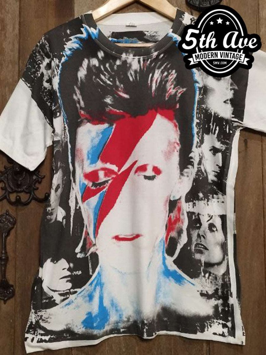 Bowie's Lightning Collage: Iconic All-Over Print Tribute Tee - Vintage Band Shirts