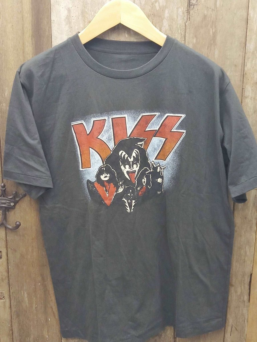 Classic KISS Band T-Shirt: Single-Stitch, Crewneck, Distressed 100% Cotton with Bold Red Logo, 30-Day Return Policy - Vintage Band Shirts