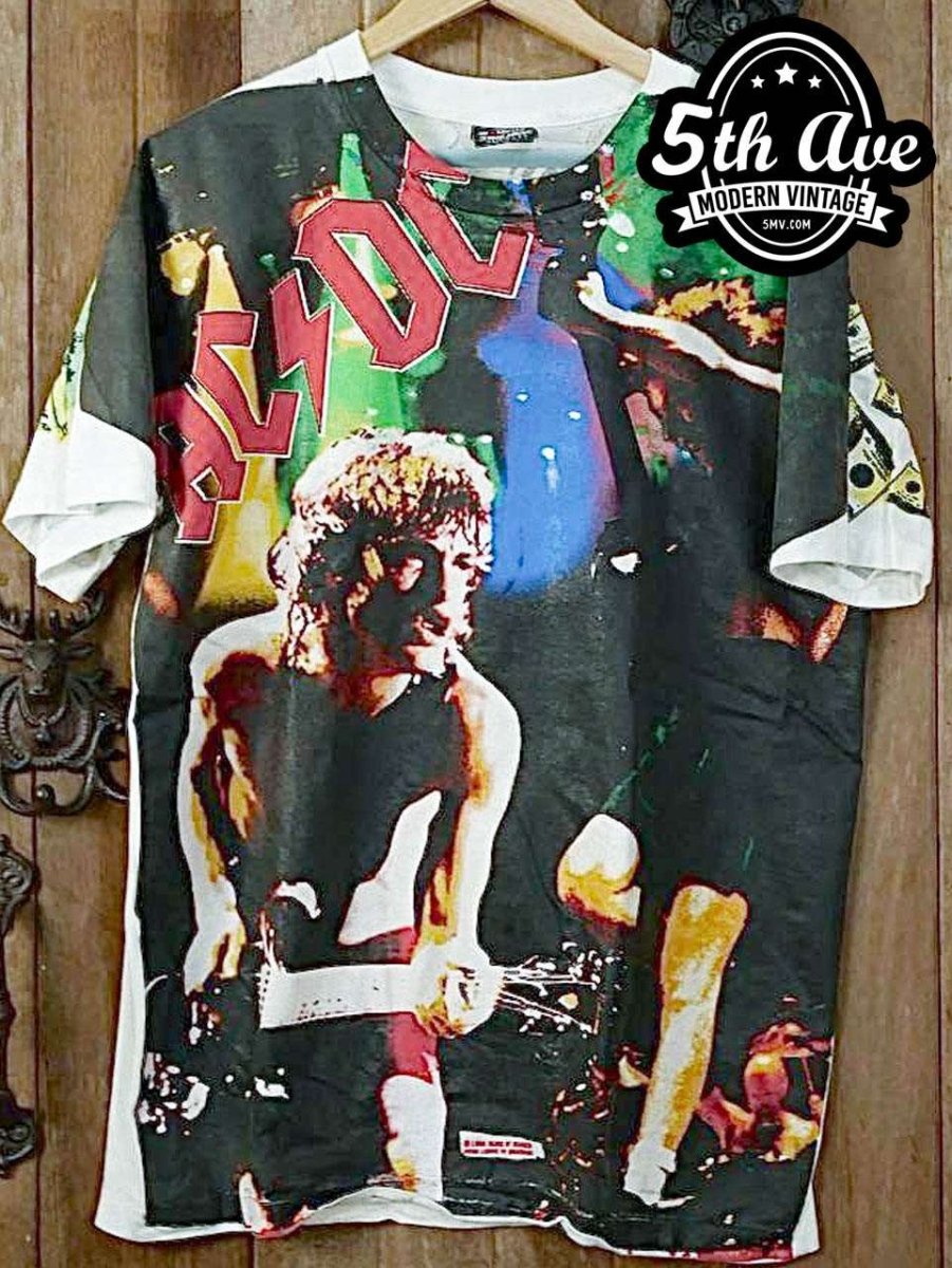 Electrifying Energy: AC/DC All Over Print Single Stitch White t shirt - Vintage Band Shirts