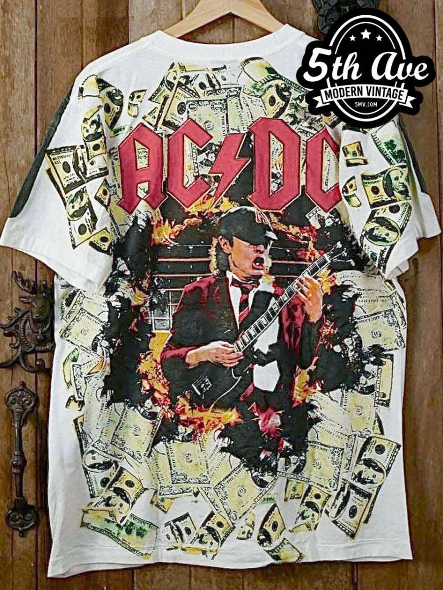 Electrifying Energy: AC/DC All Over Print Single Stitch White t shirt - Vintage Band Shirts