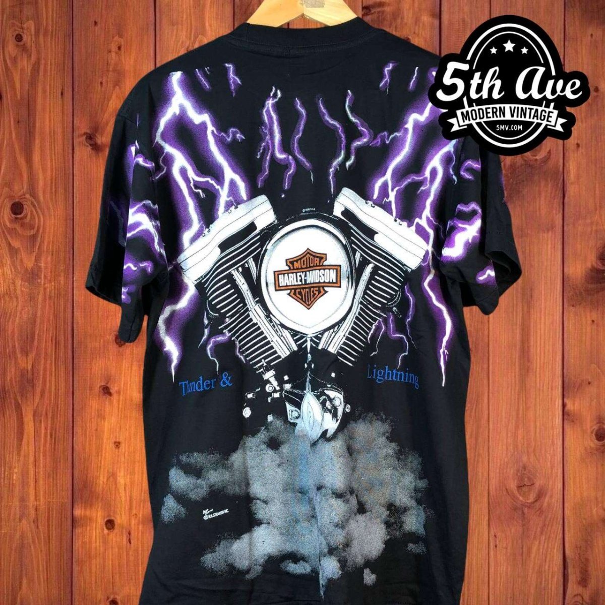 Harley Davidson Thunder and Lightning All-Over Print Single Stitch t shirt - Vintage Band Shirts