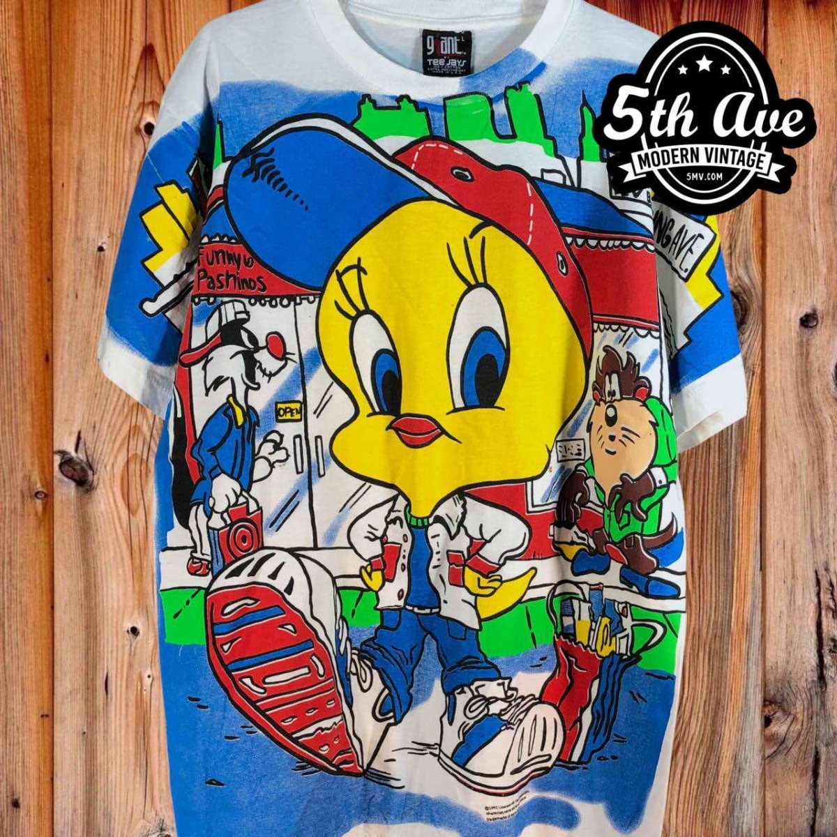 Looney Tunes Squad: Tweety, Taz, and Sylvester on a Single Stitch White t shirt with Giant Tag - Vintage Band Shirts