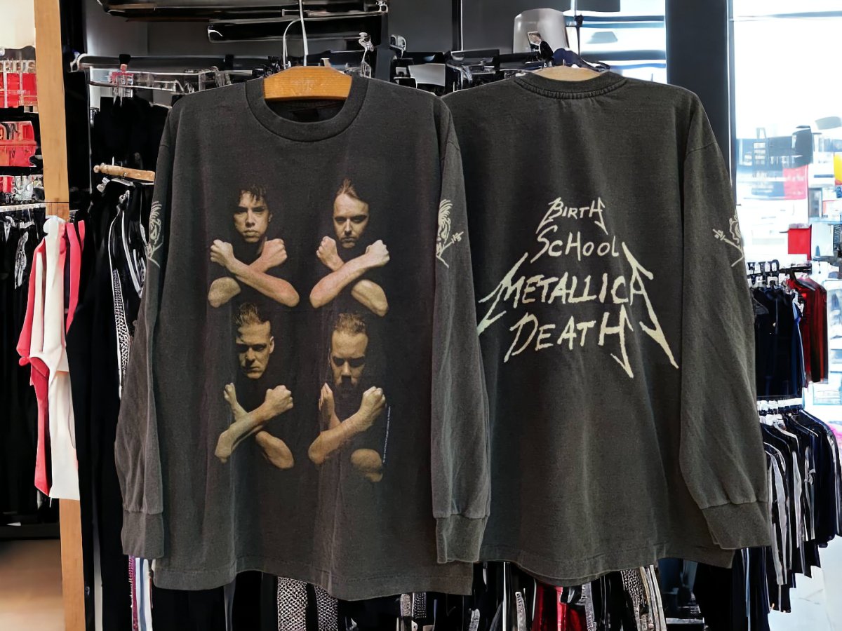 Metallica Birth School Metallica Death Distressed Long Sleeve T-Shirt with Iconic Band Pose - Vintage Band Shirts